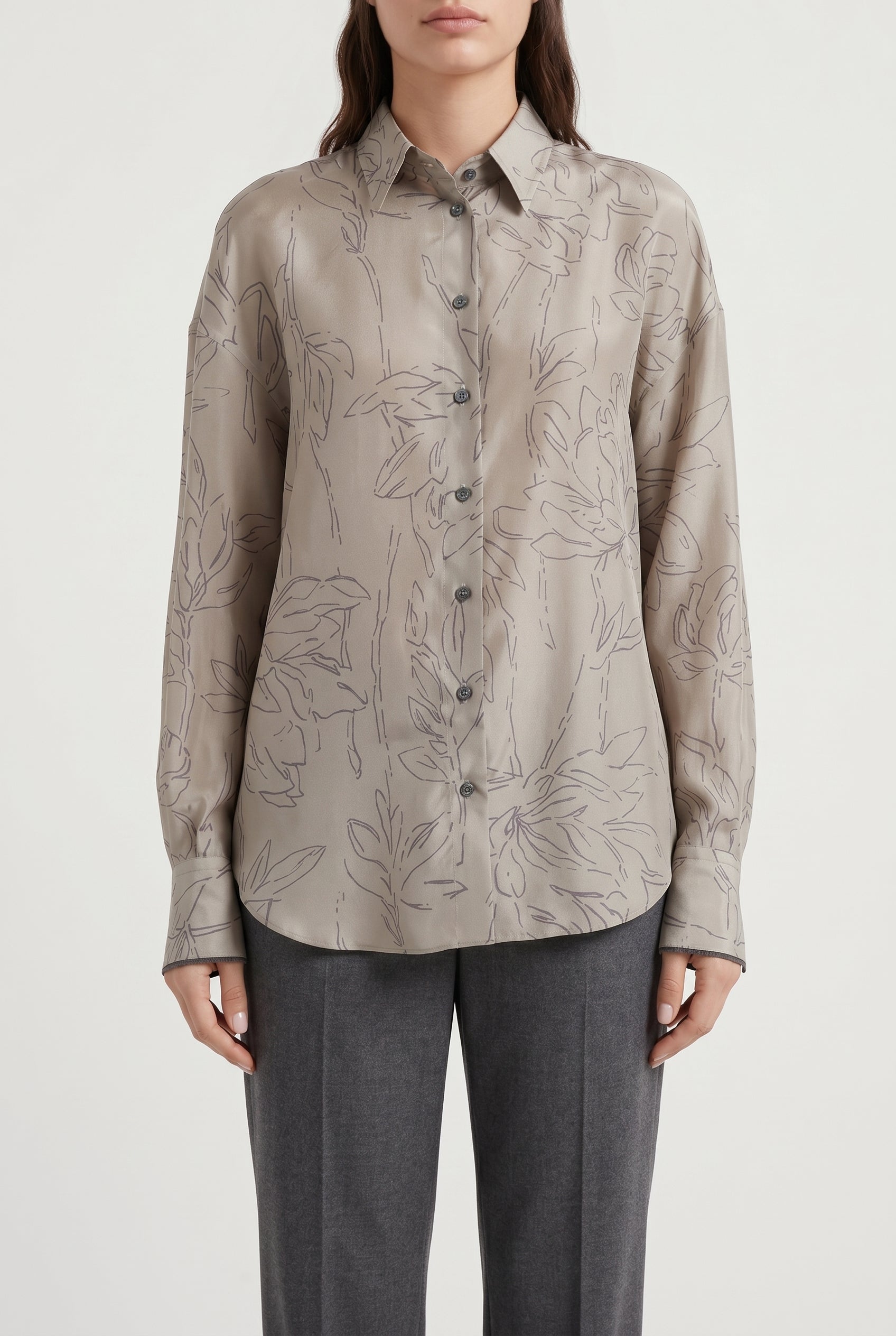 BRUNELLO CUCINELLI WOMEN'S KHAKI SILK OVERSIZED SHIRT