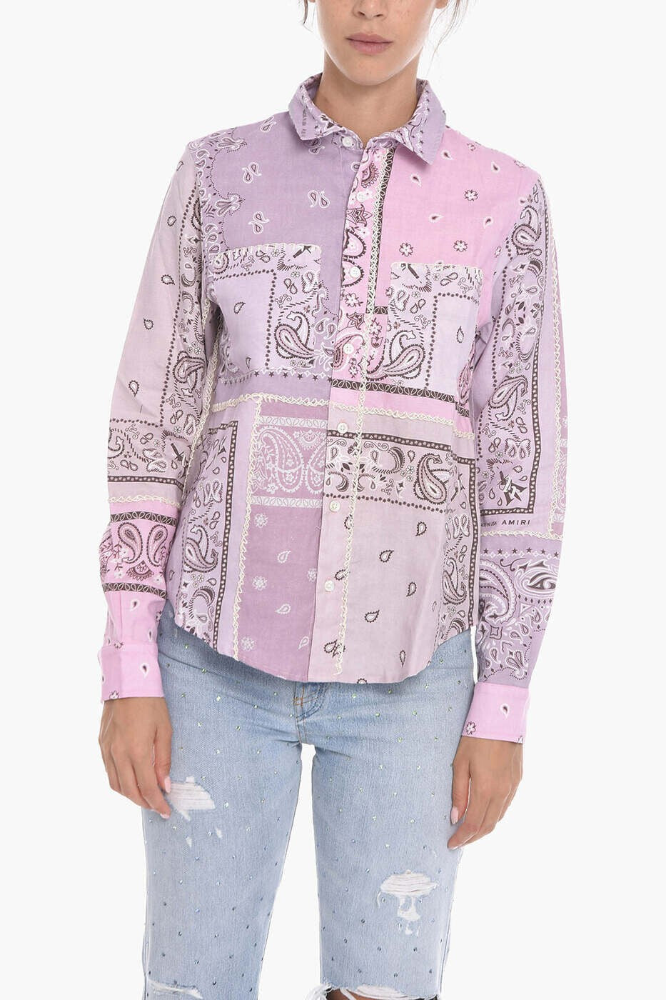 AMIRI WOMEN'S LAVENDER COTTON PATCHWORK SHIRT
