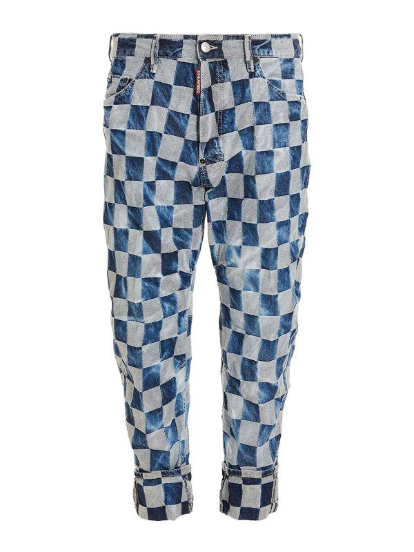 DSQUARED2 MEN'S BLUE CHECKERED CASUAL TROUSERS