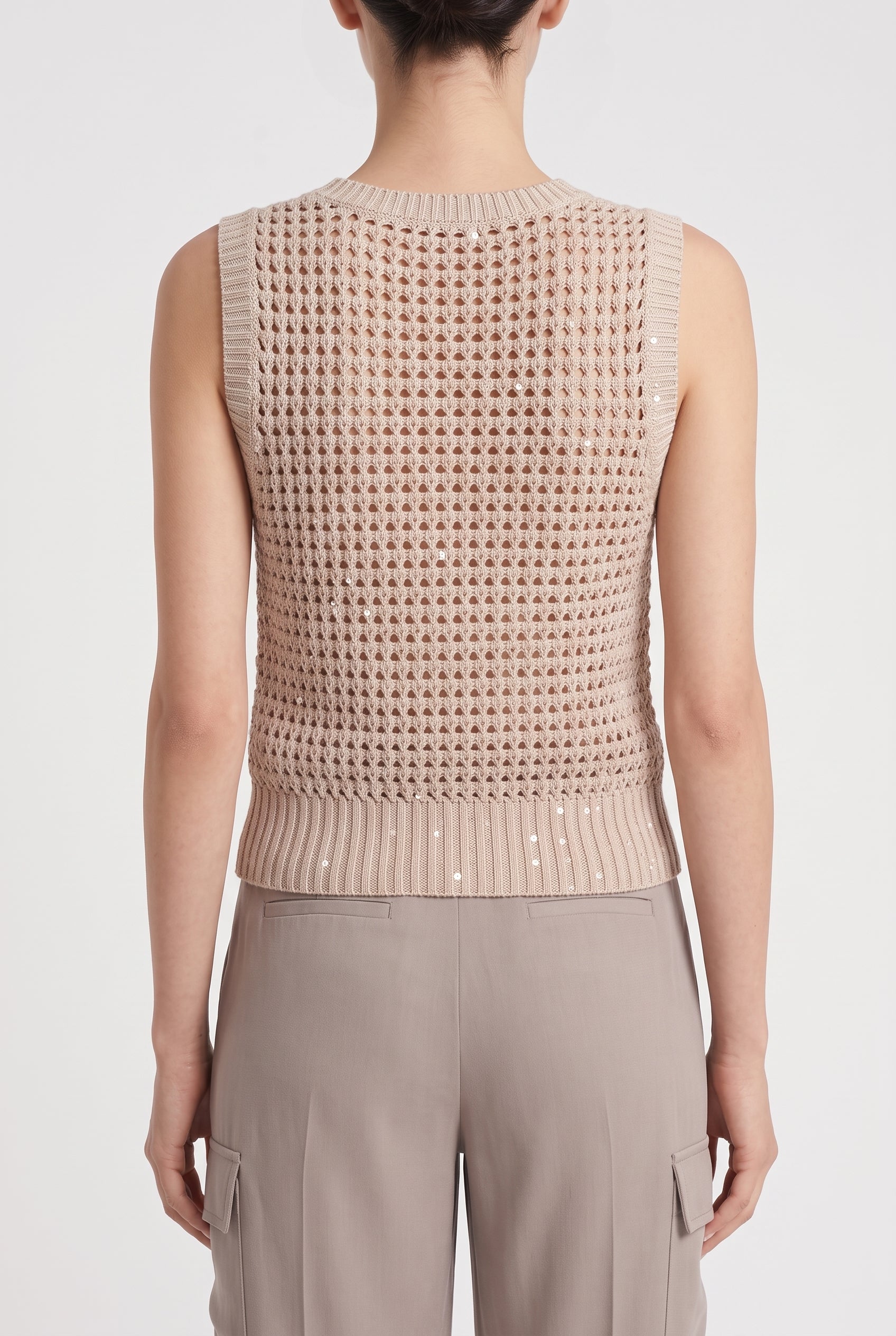 BRUNELLO CUCINELLI WOMEN'S BEIGE OPENWORK KNIT SWEATER