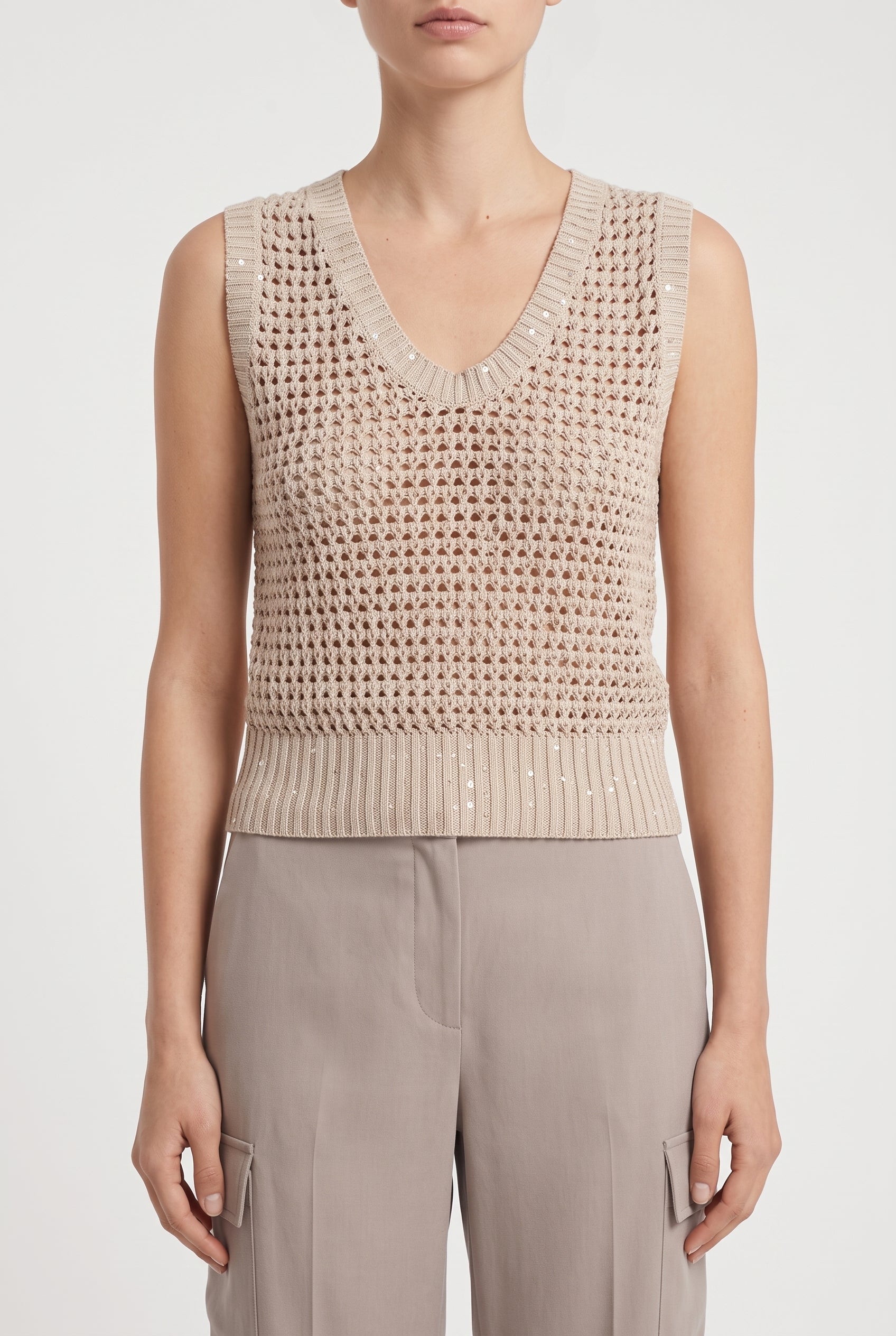BRUNELLO CUCINELLI WOMEN'S BEIGE OPENWORK KNIT SWEATER