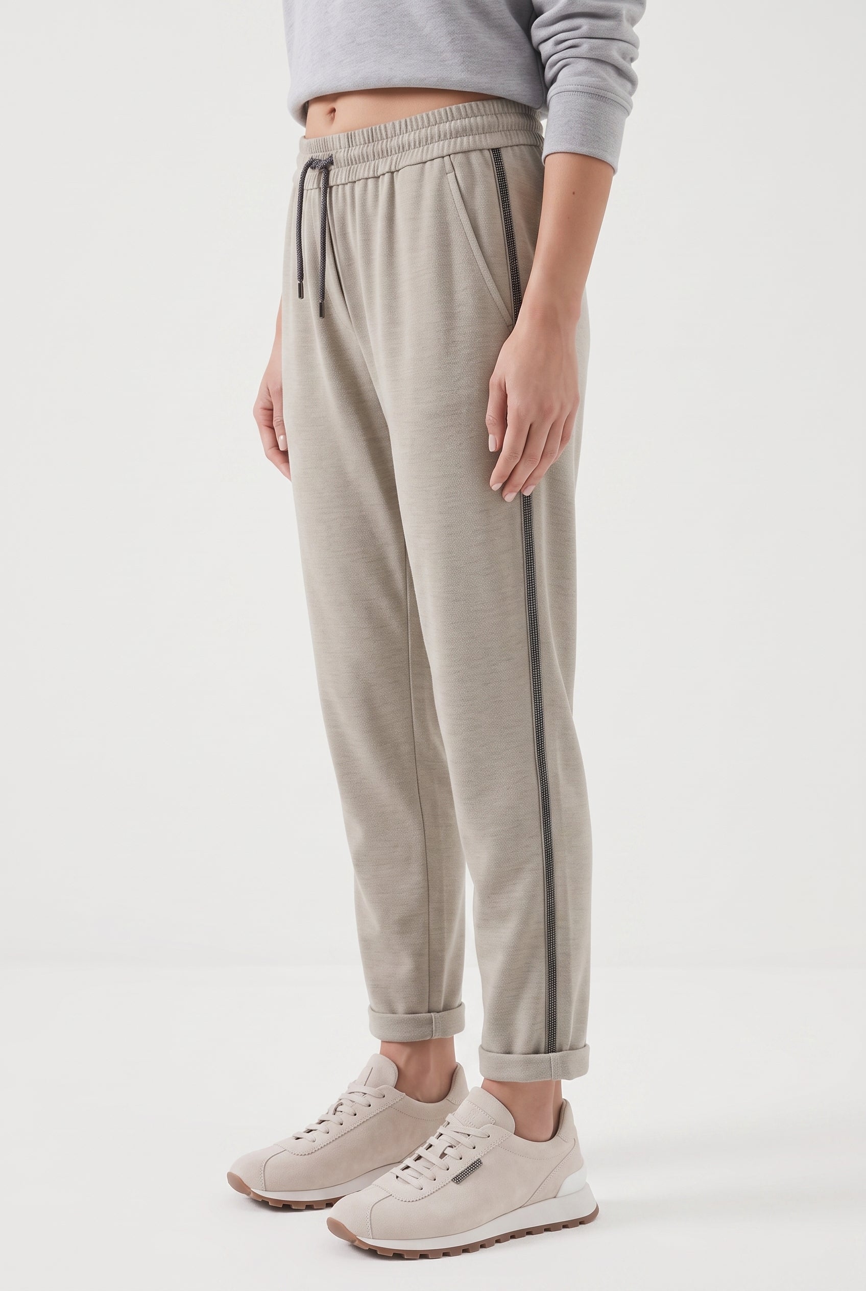 BRUNELLO CUCINELLI WOMEN'S LIGHT BEIGE COTTON BLEND TROUSERS