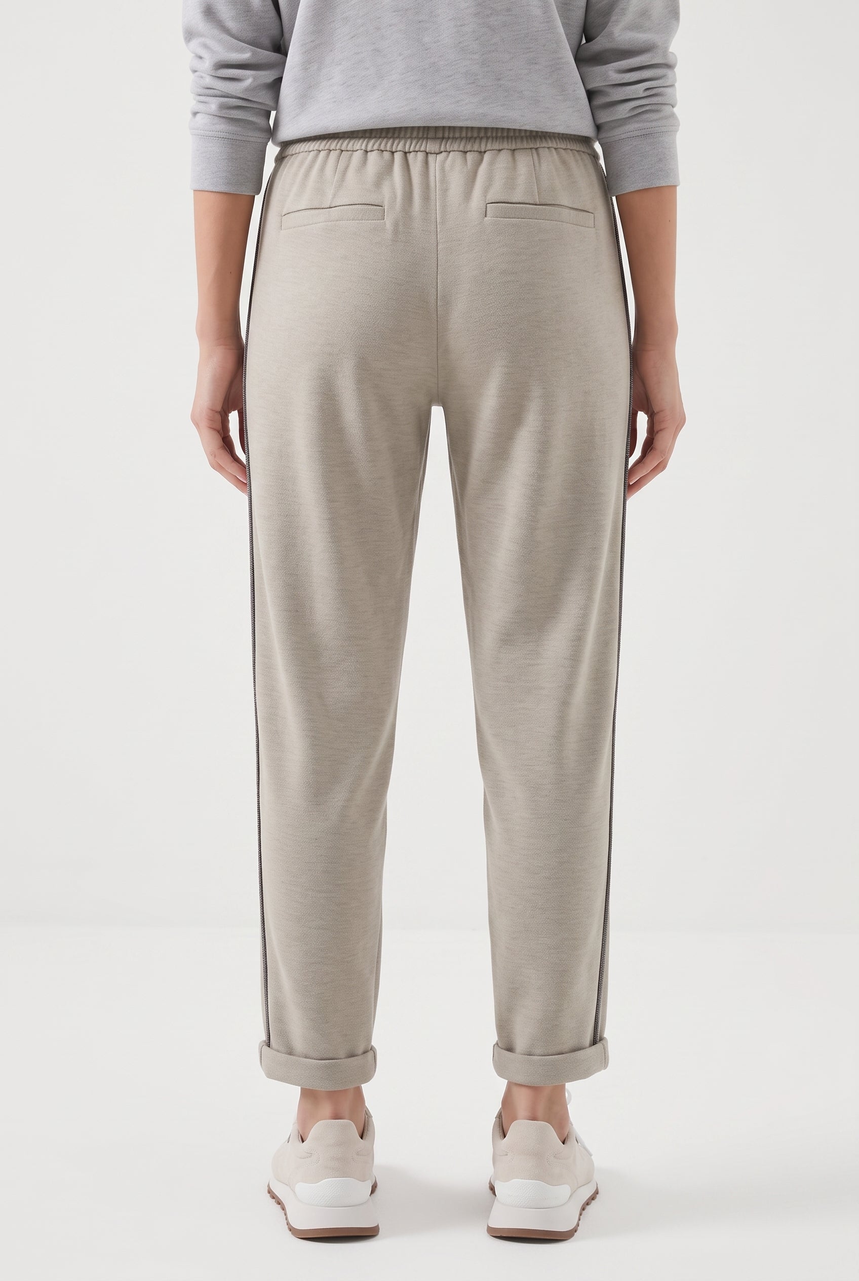 BRUNELLO CUCINELLI WOMEN'S LIGHT BEIGE COTTON BLEND TROUSERS