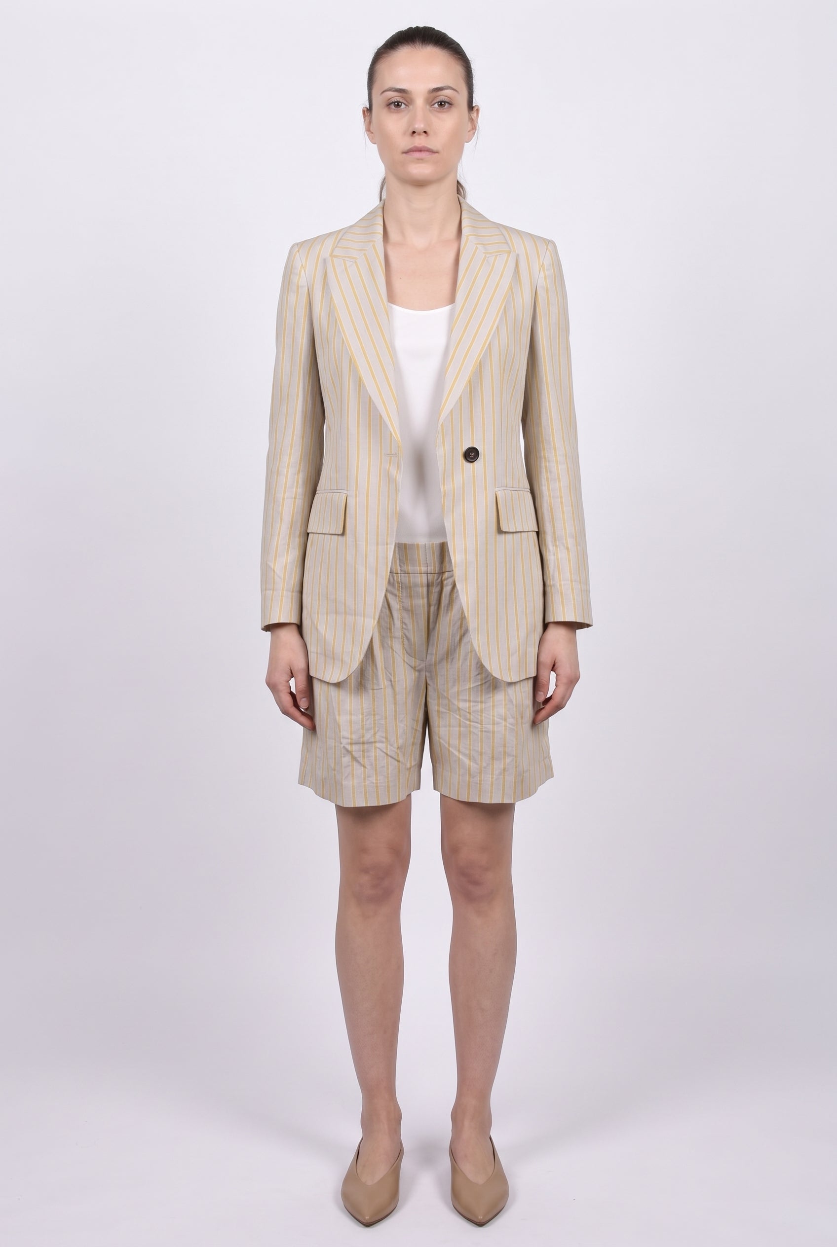 BRUNELLO CUCINELLI WOMEN'S BEIGE STRIPED LINEN SUIT