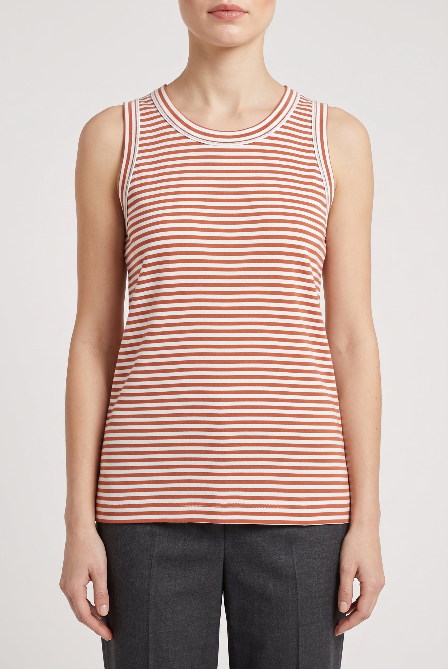 BRUNELLO CUCINELLI WOMEN'S RUST STRIPED COTTON TANK SHIRT