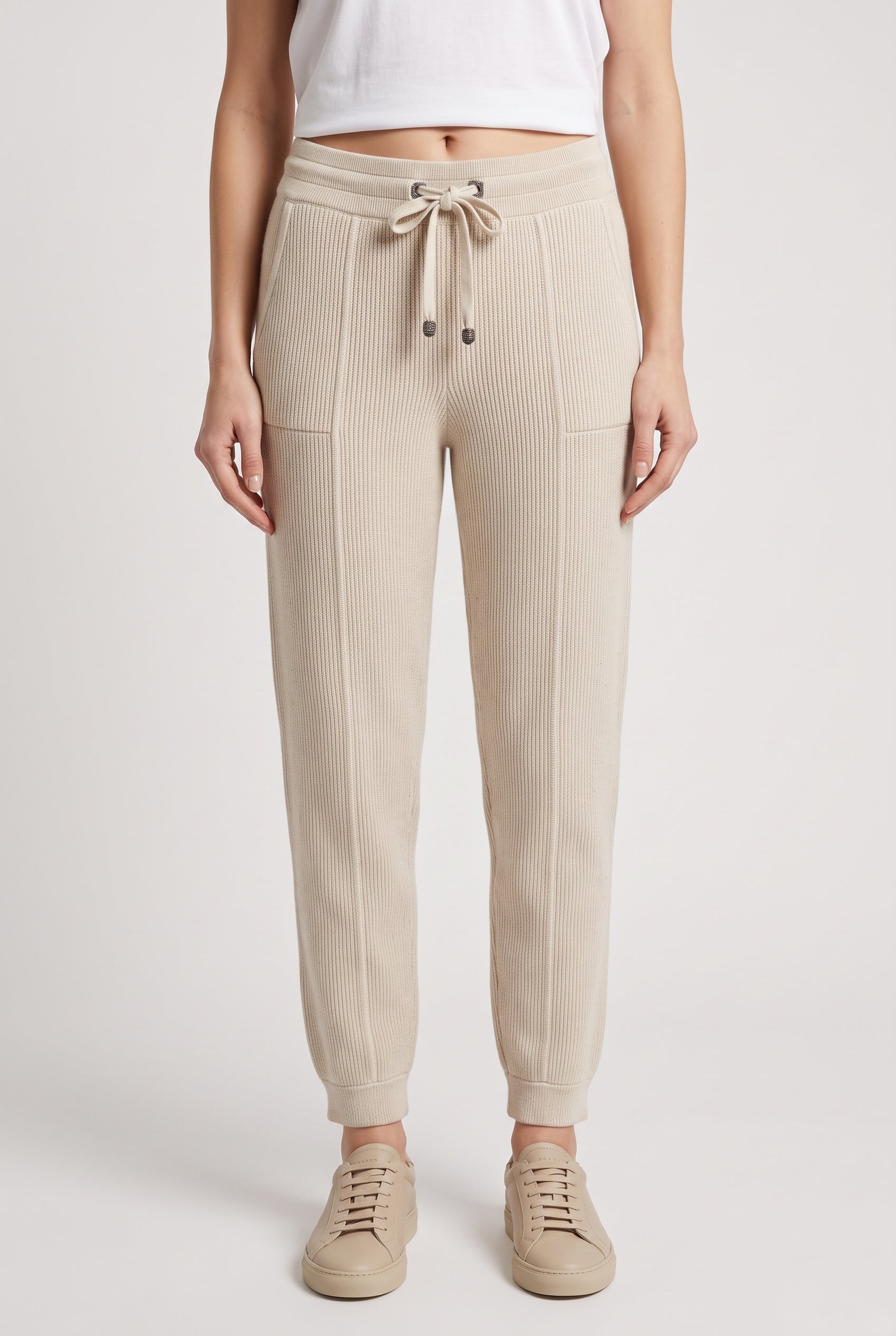 BRUNELLO CUCINELLI WOMEN'S BEIGE RIBBED KNIT TROUSERS