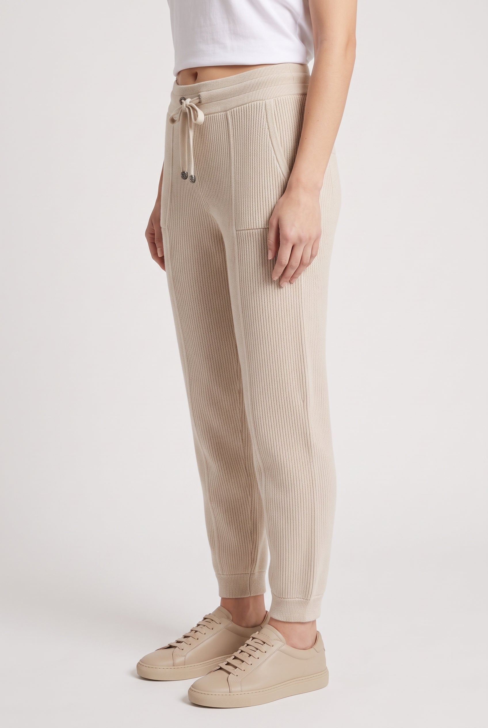 BRUNELLO CUCINELLI WOMEN'S BEIGE RIBBED KNIT TROUSERS
