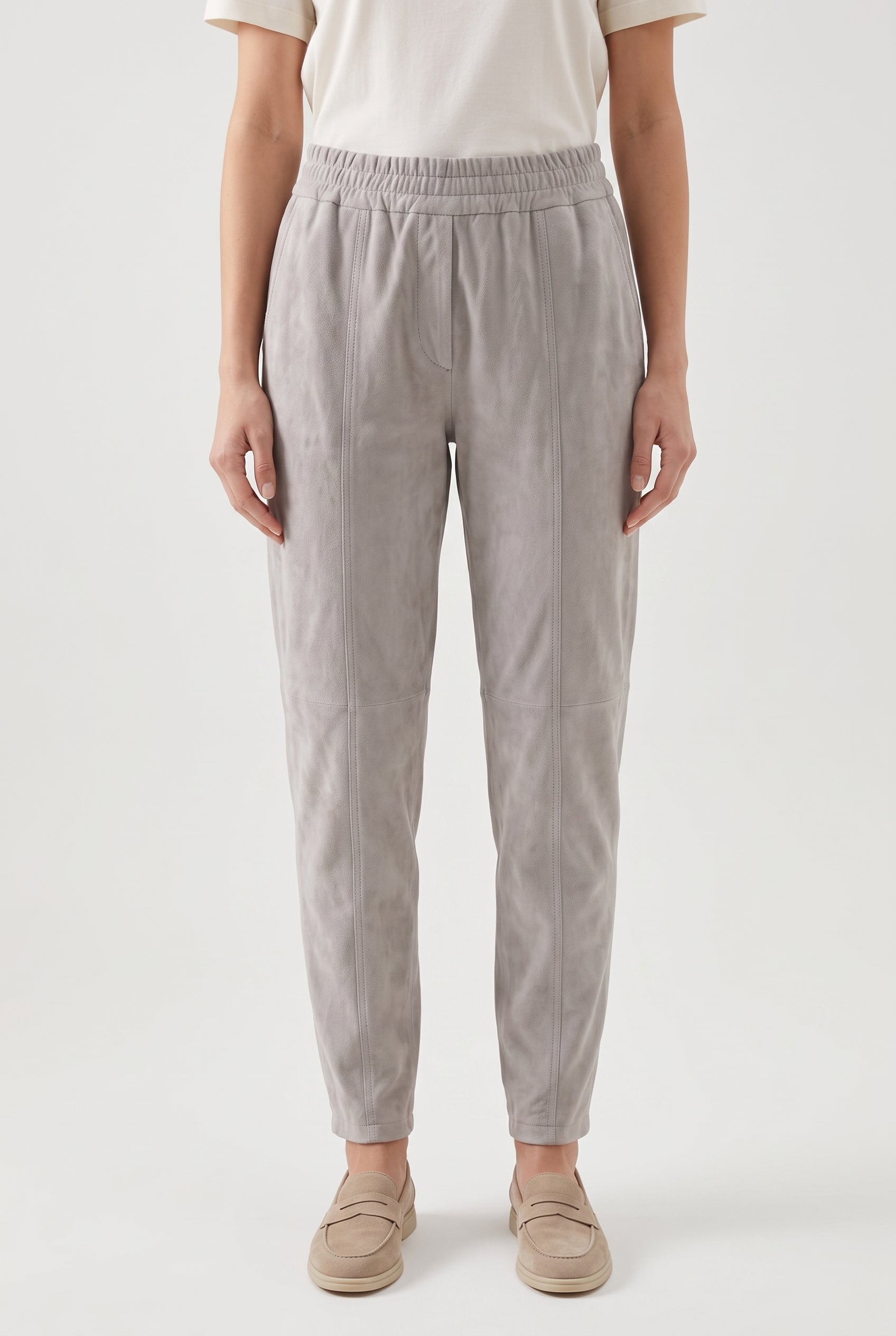 BRUNELLO CUCINELLI WOMEN'S LIGHT GREY SUEDE TROUSERS