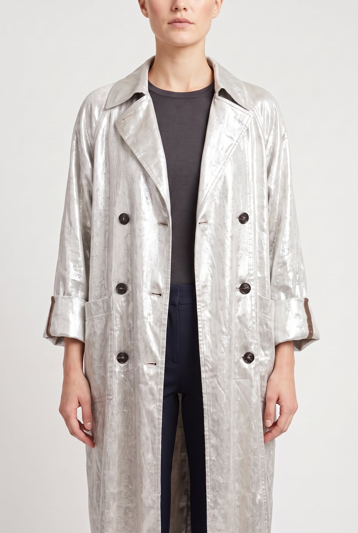 BRUNELLO CUCINELLI WOMEN'S LIGHT SILVER LONG COAT