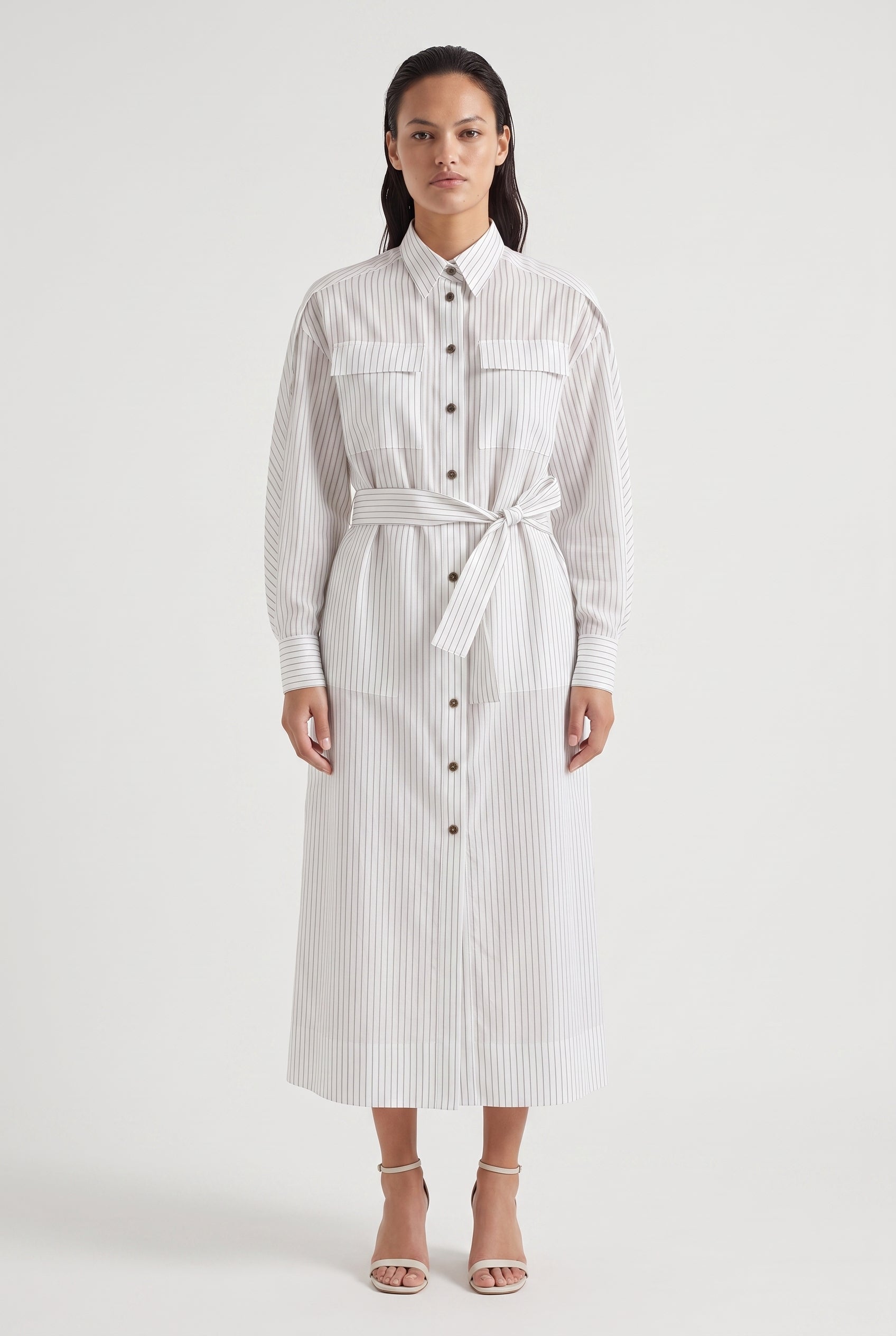 BRUNELLO CUCINELLI WOMEN'S WHITE STRIPED BELTED DRESS