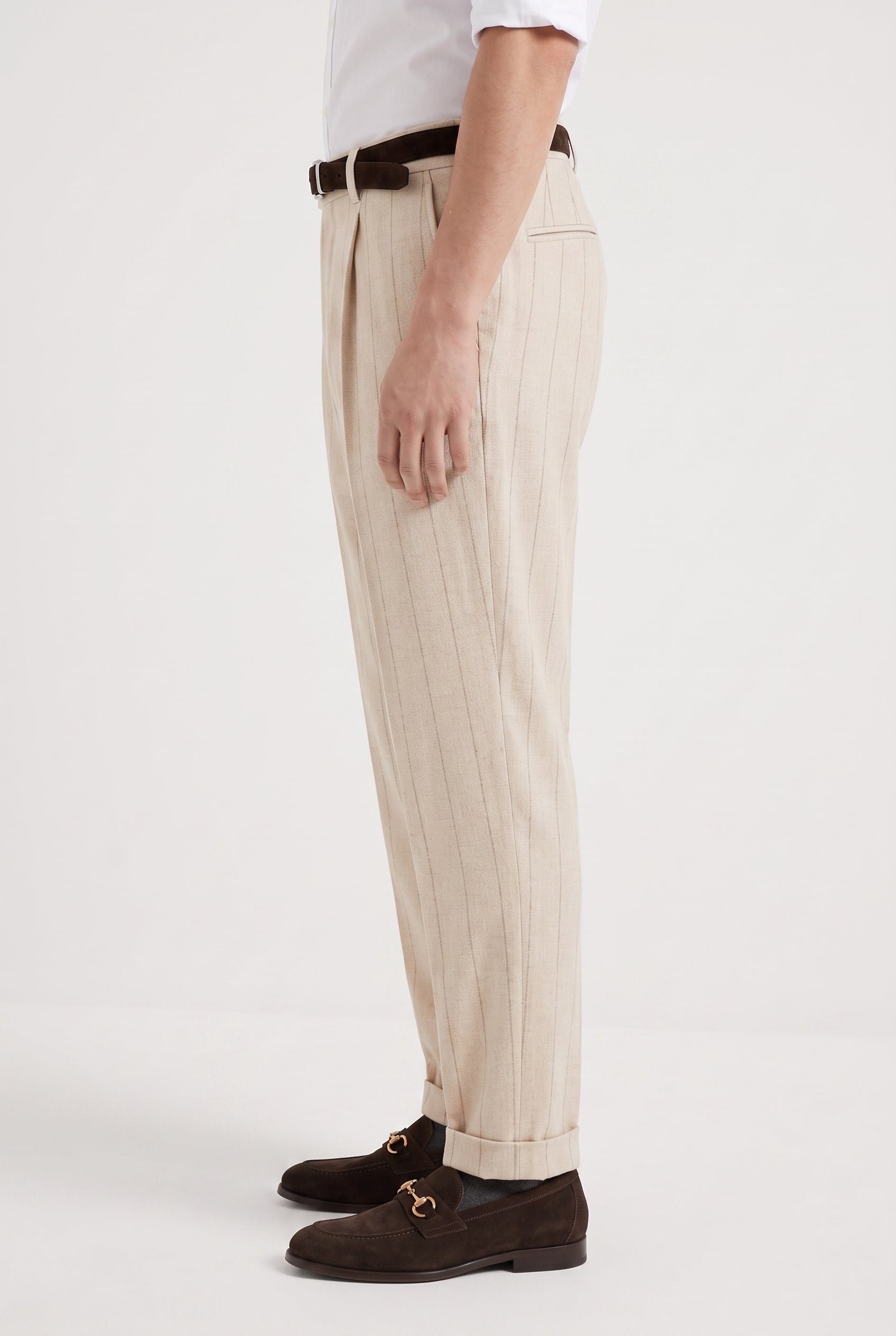BRUNELLO CUCINELLI MEN'S SAND WOOL PINSTRIPE TROUSERS