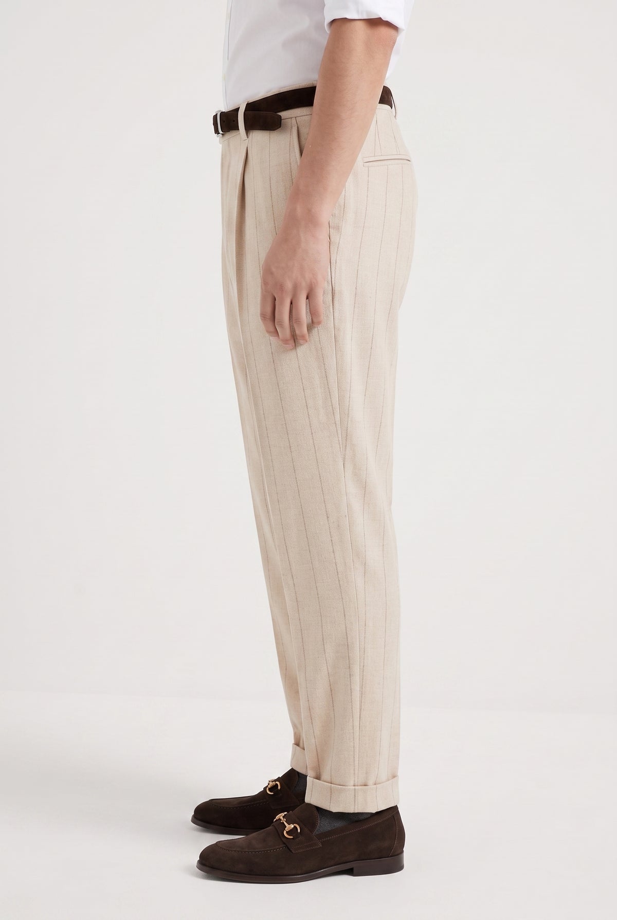 BRUNELLO CUCINELLI MEN'S SAND WOOL PINSTRIPE TROUSERS