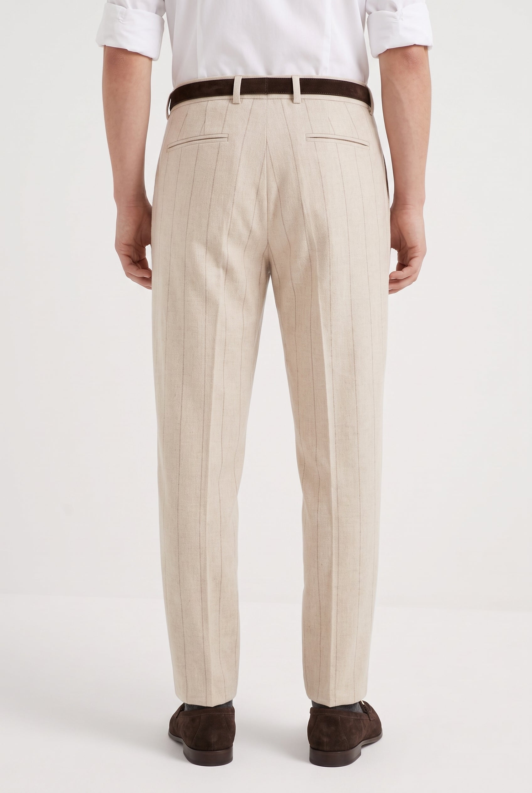 BRUNELLO CUCINELLI MEN'S SAND WOOL PINSTRIPE TROUSERS