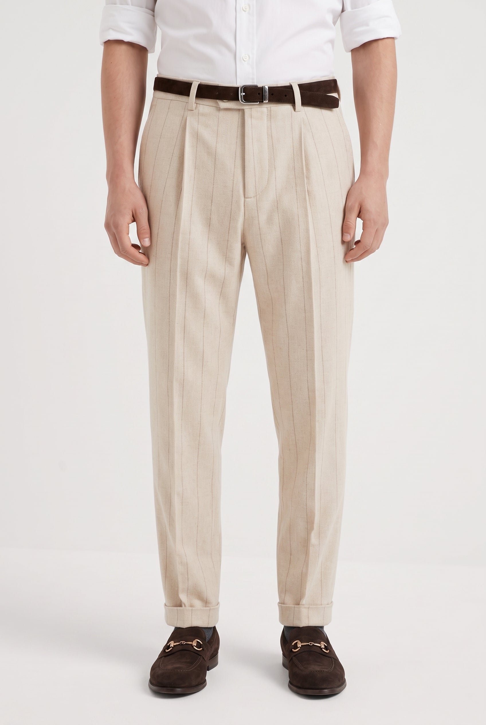 BRUNELLO CUCINELLI MEN'S SAND WOOL PINSTRIPE TROUSERS