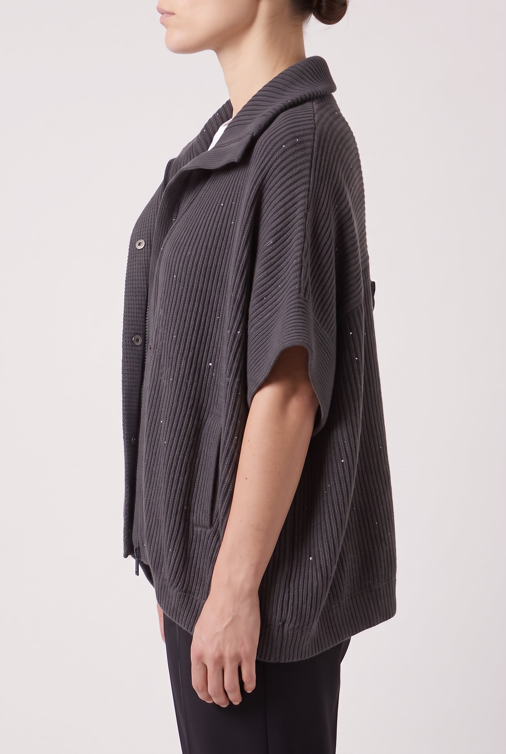 BRUNELLO CUCINELLI WOMEN'S CHARCOAL RIBBED KNIT JACKET