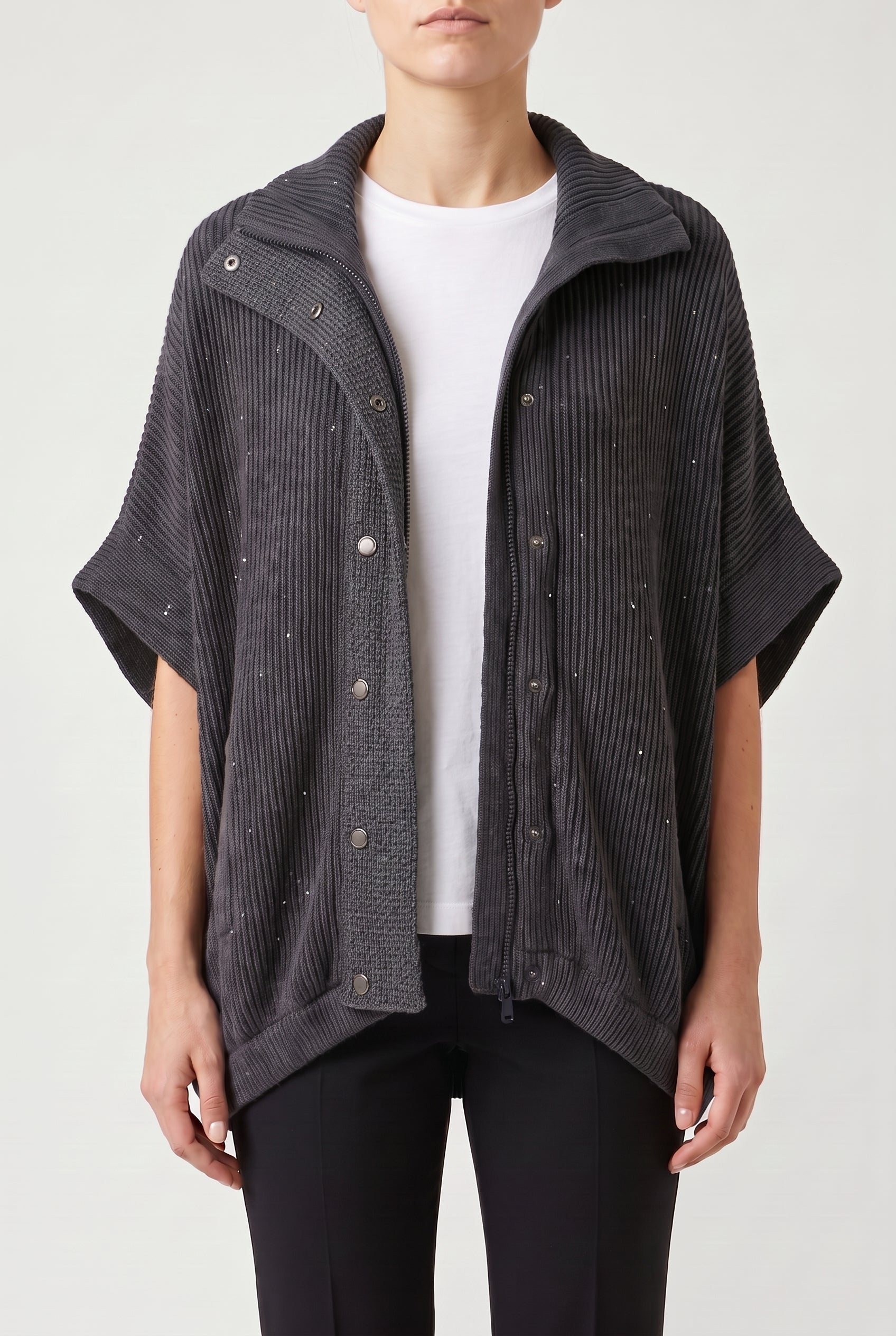 BRUNELLO CUCINELLI WOMEN'S CHARCOAL RIBBED KNIT JACKET