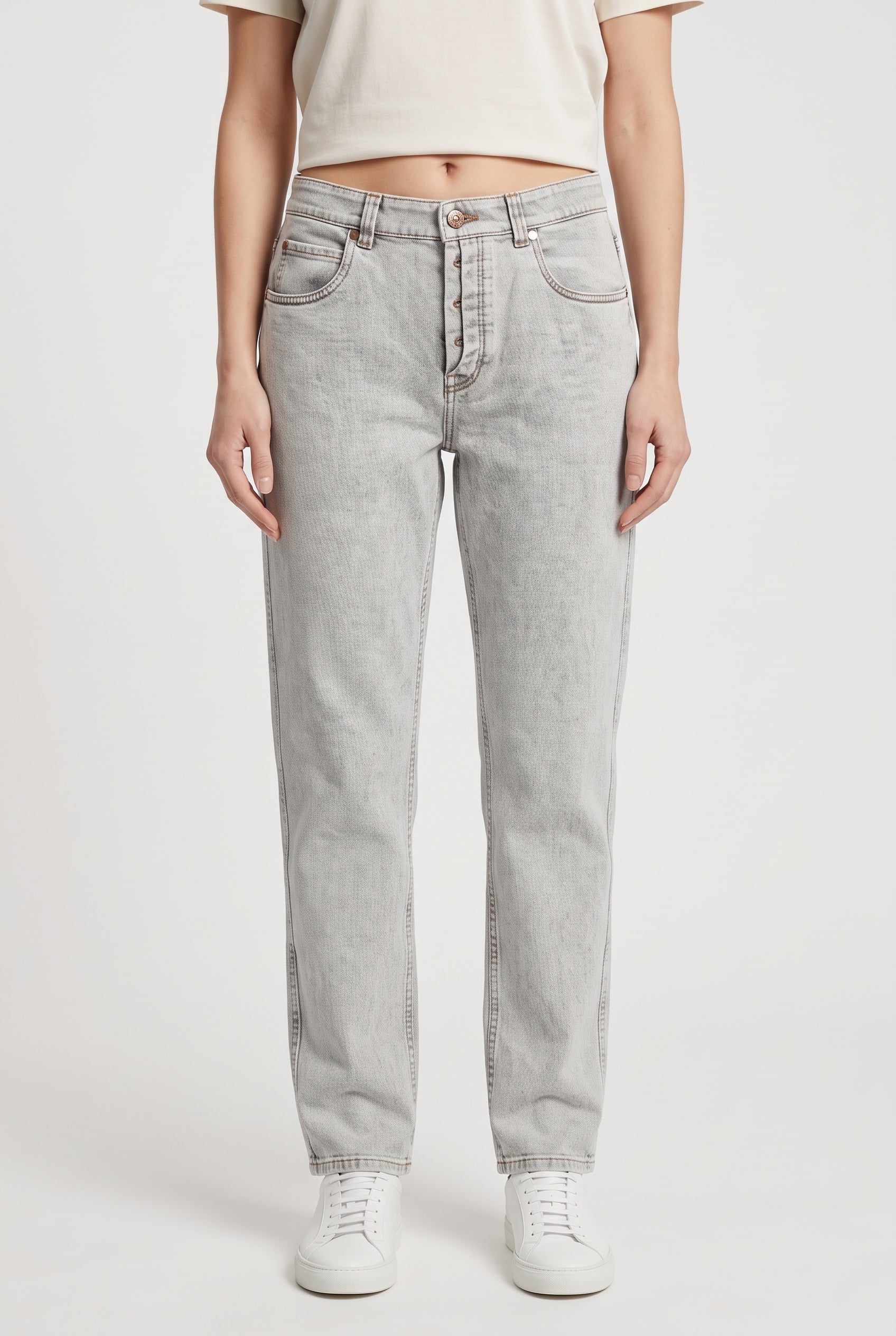 BRUNELLO CUCINELLI WOMEN'S LIGHT GREY DENIM TROUSERS