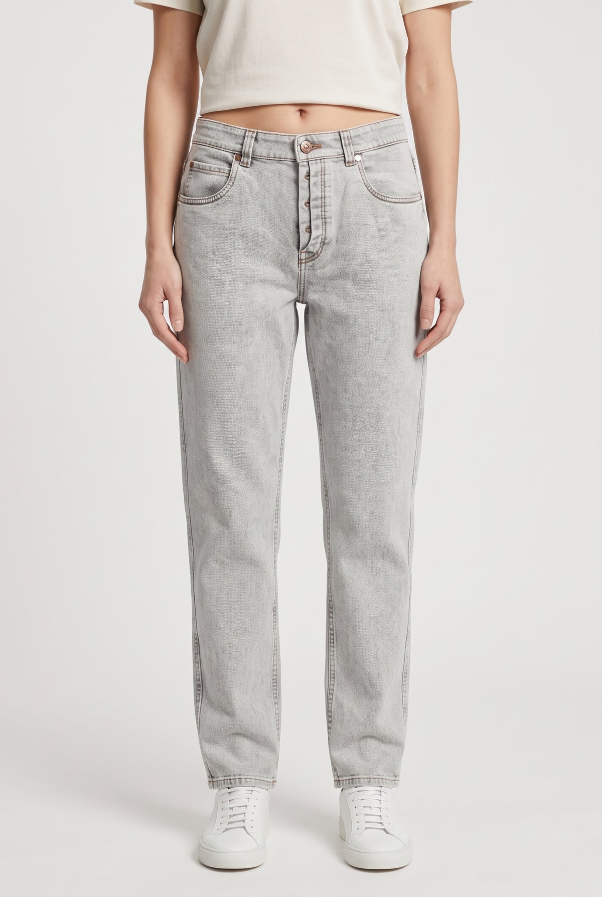 BRUNELLO CUCINELLI WOMEN'S LIGHT GREY DENIM TROUSERS