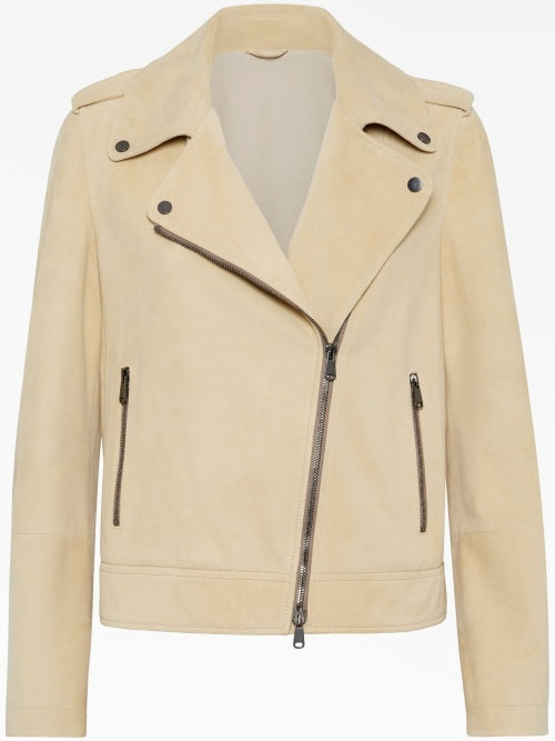 BRUNELLO CUCINELLI WOMEN'S YELLOW SUEDE BIKER JACKET