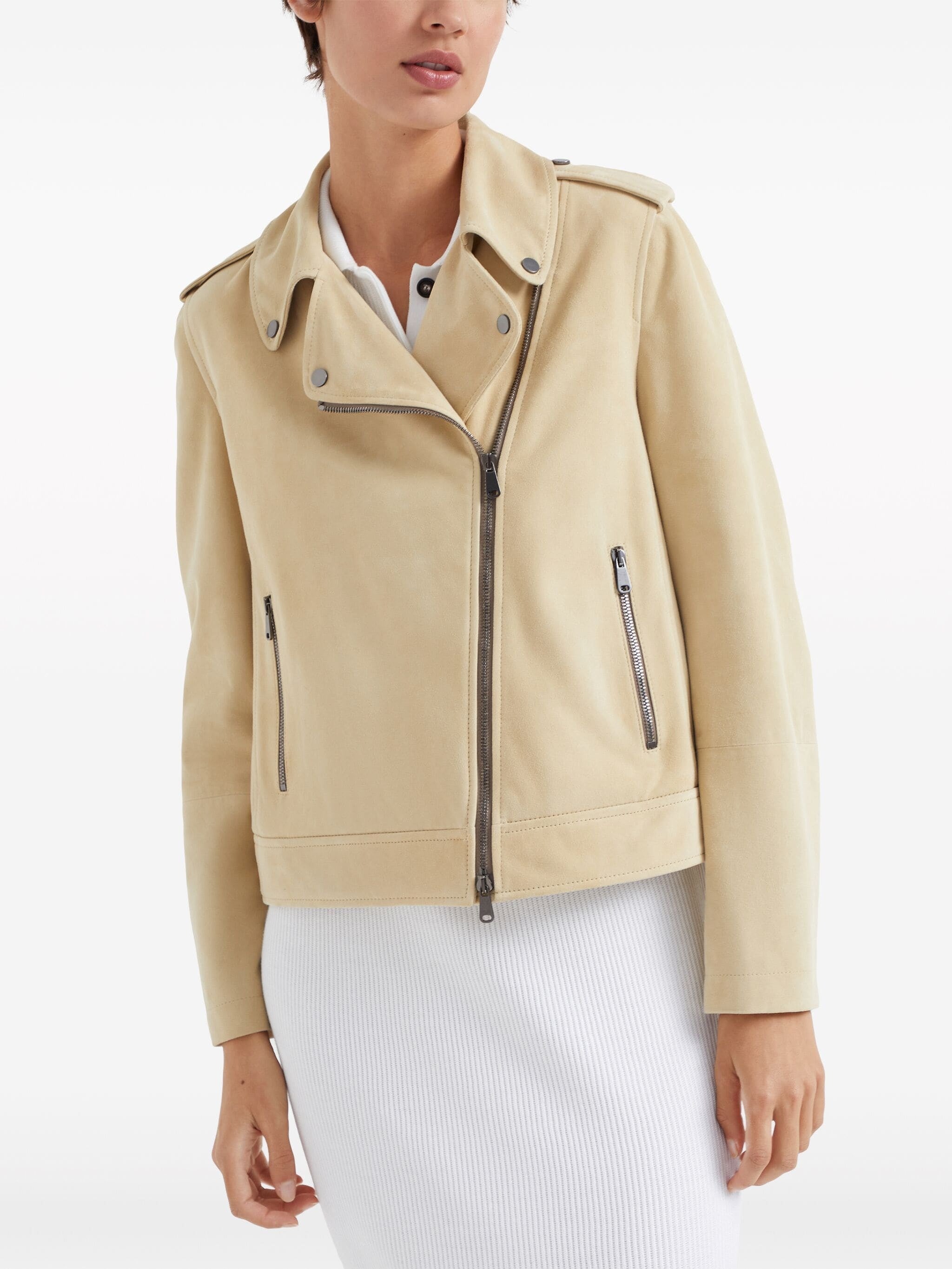 BRUNELLO CUCINELLI WOMEN'S YELLOW SUEDE BIKER JACKET