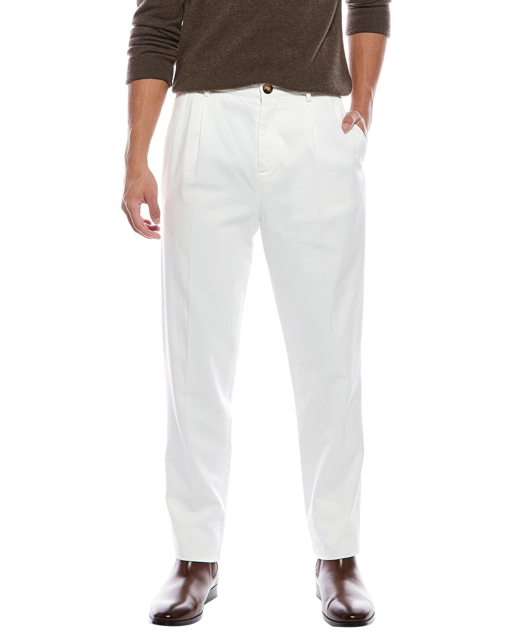 BRUNELLO CUCINELLI MEN'S WHITE COTTON PLEATED TROUSERS