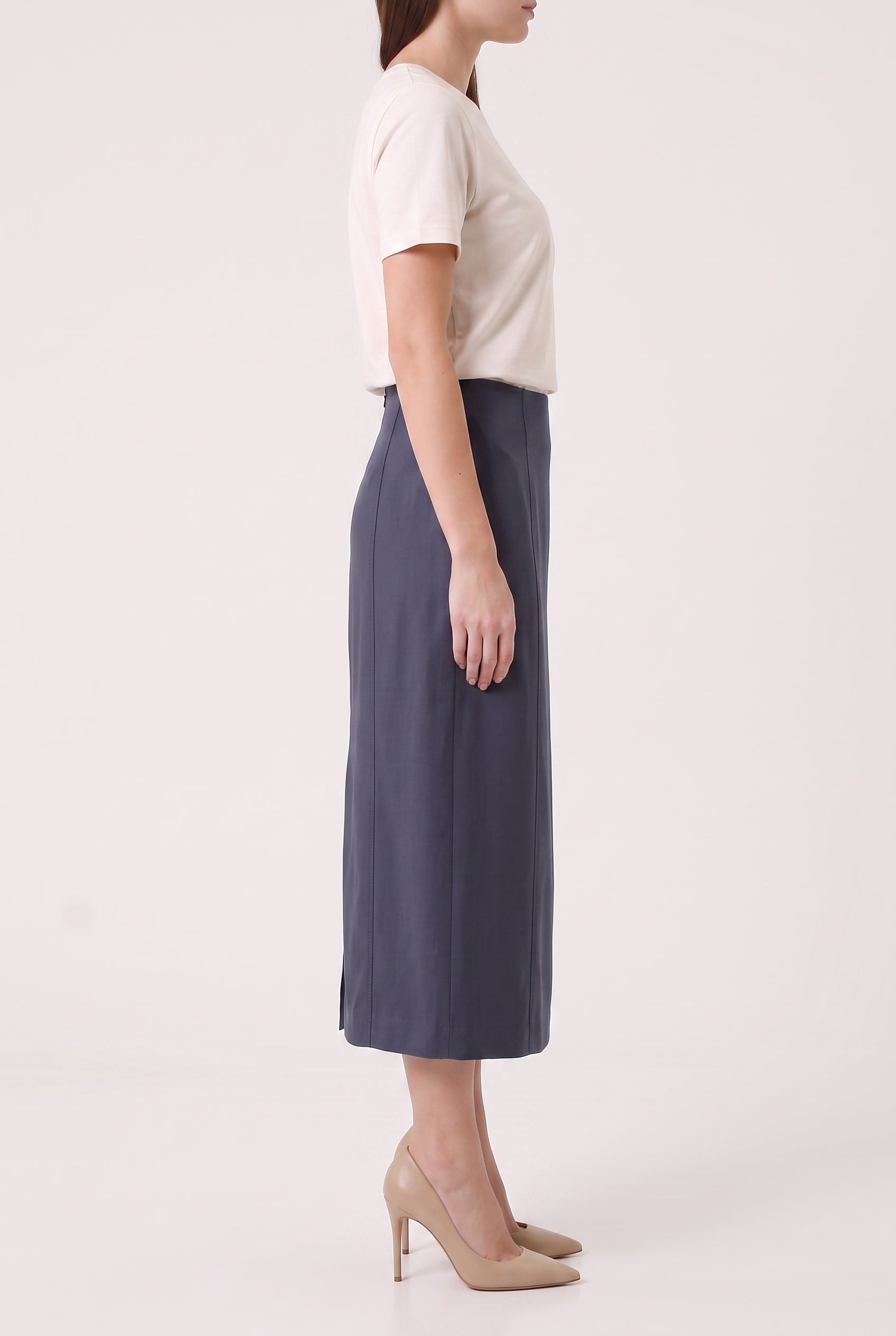 BRUNELLO CUCINELLI WOMEN'S DARK BLUE LINEN BLEND SKIRT
