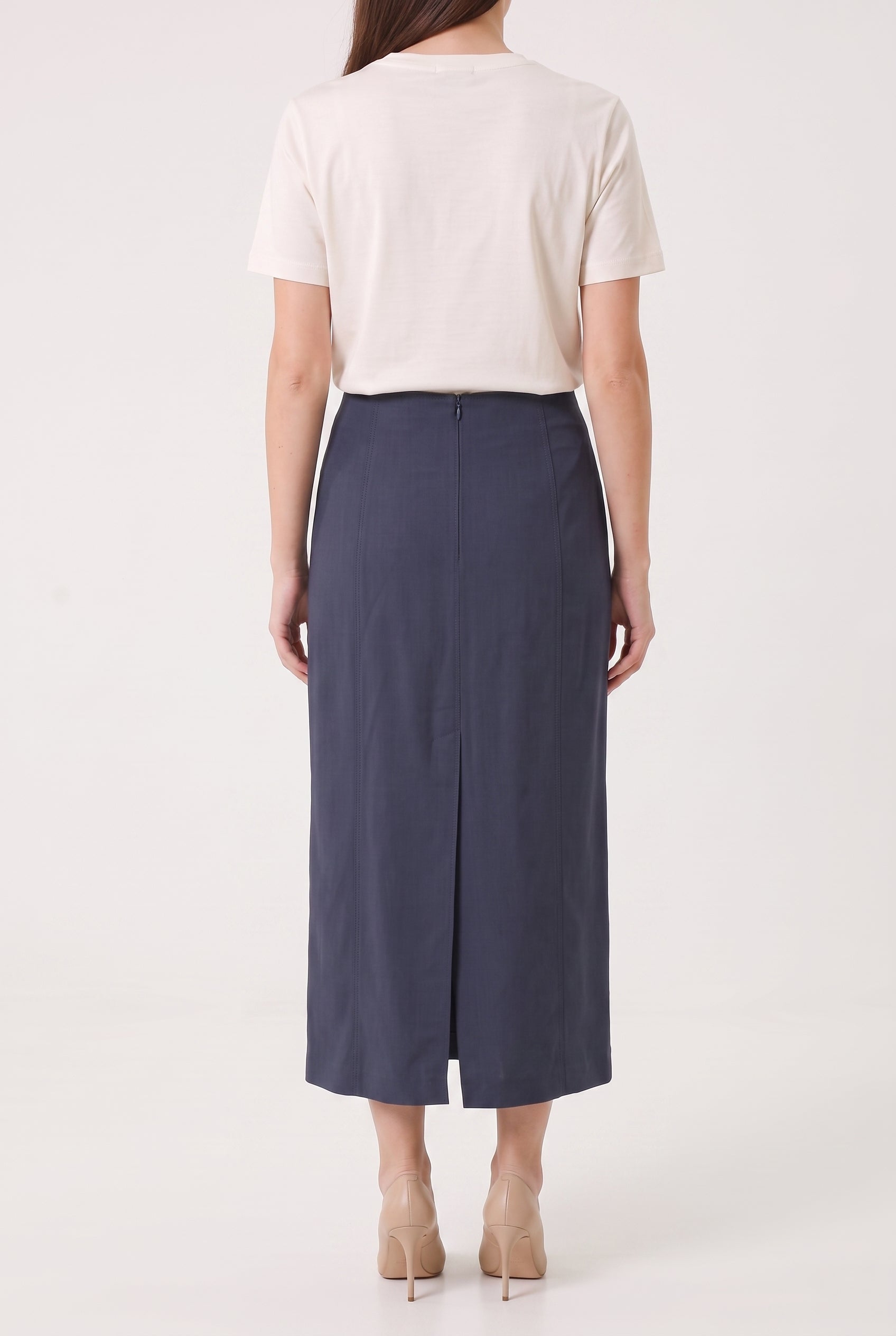 BRUNELLO CUCINELLI WOMEN'S DARK BLUE LINEN BLEND SKIRT