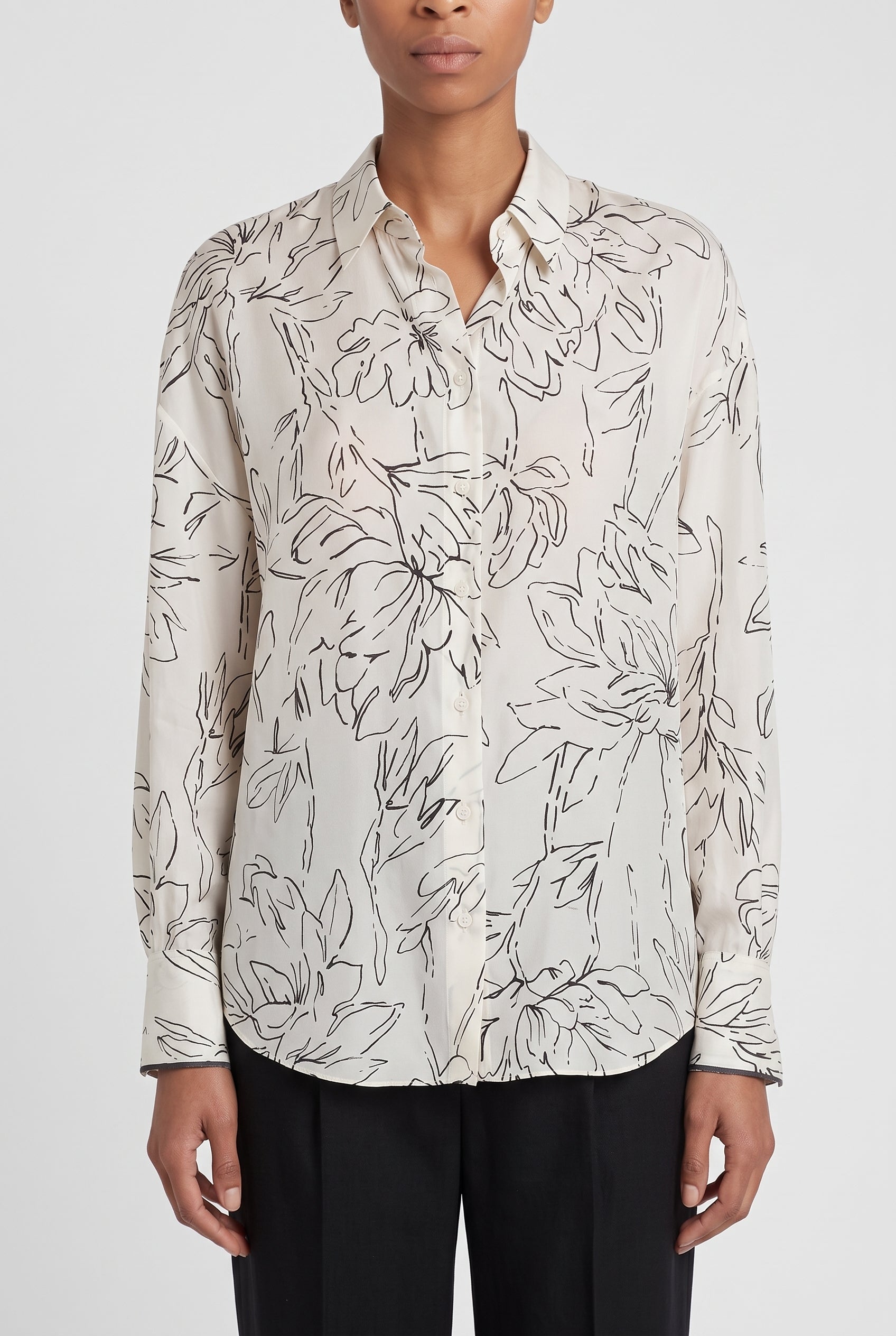 BRUNELLO CUCINELLI WOMEN'S OFF WHITE SILK FLORAL SHIRT