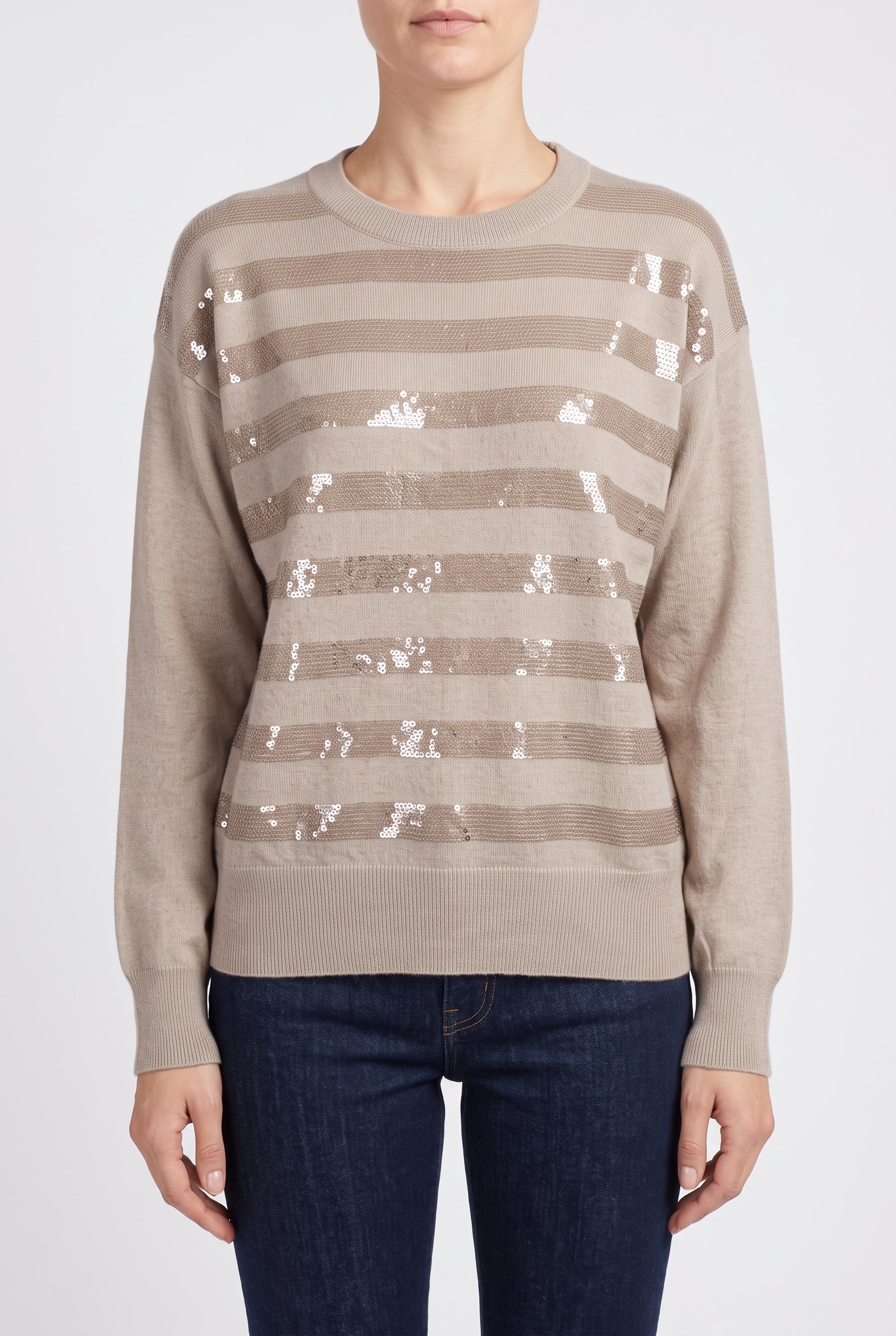 BRUNELLO CUCINELLI WOMEN'S BEIGE CASHMERE STRIPED SWEATER