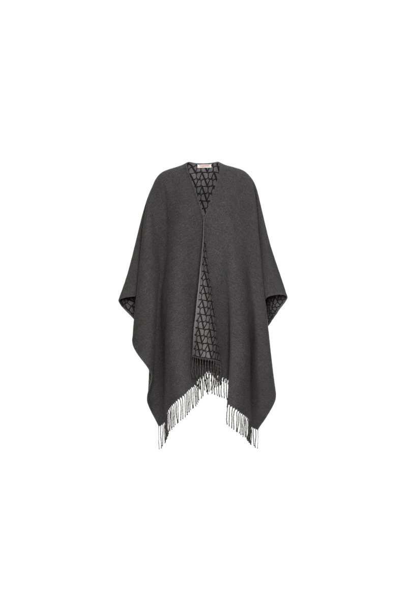 Valentino Asymmetrical Wool Poncho With Fringed Edge In Grey