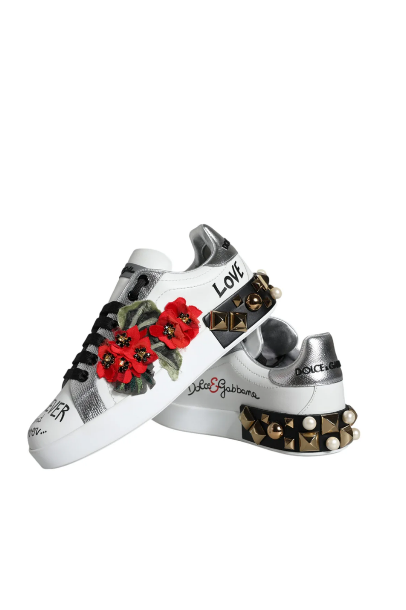 Dolce & Gabbana Portofino Sneakers with Geranium Embroidery White