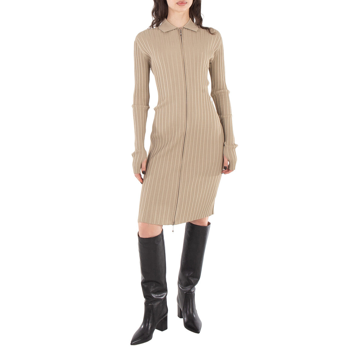 BURBERRY WOMEN'S BEIGE RIBBED ZIP DRESS