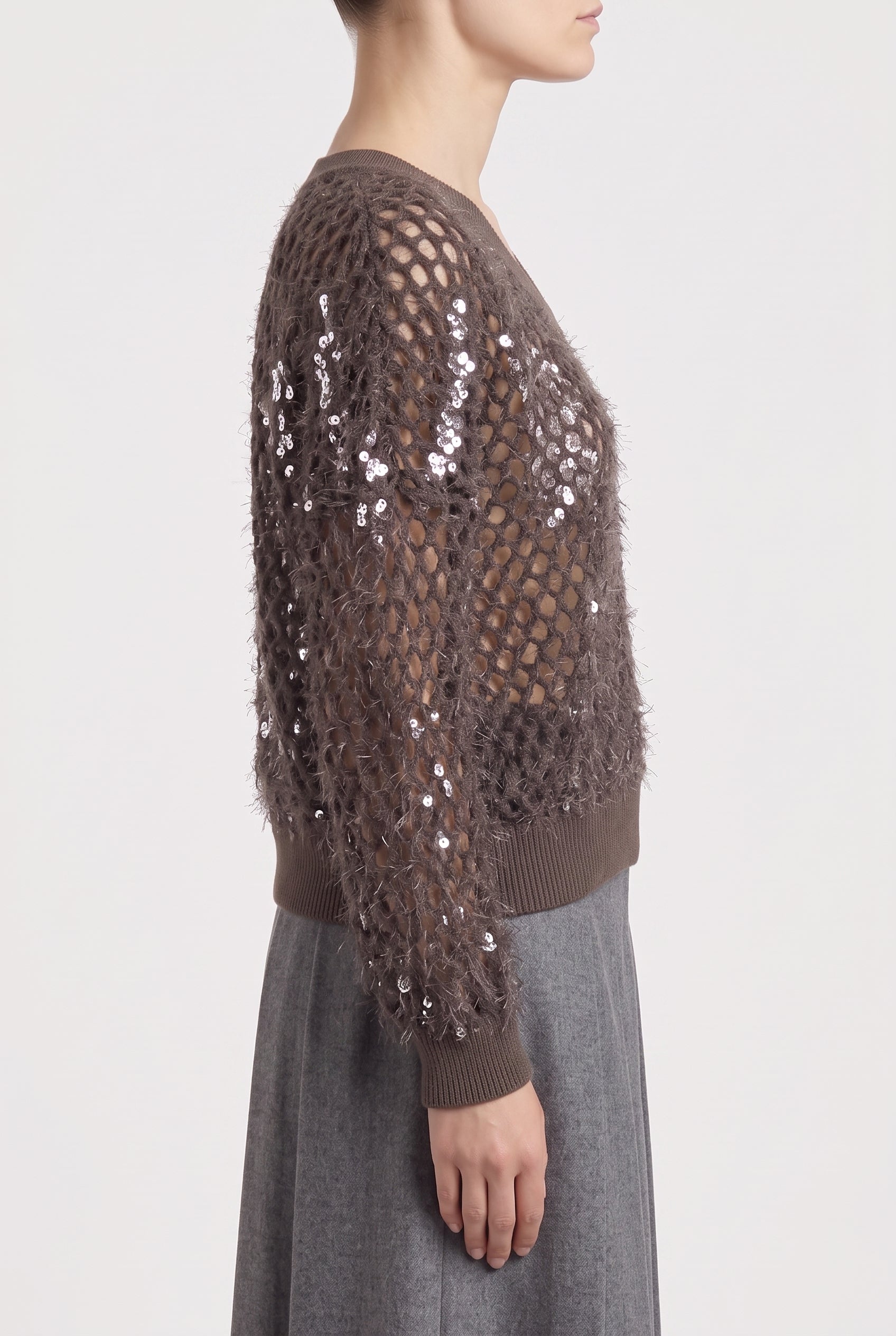 BRUNELLO CUCINELLI WOMEN'S 100% COTTONE BROWN OPEN KNIT V NECK SWEATER NWT