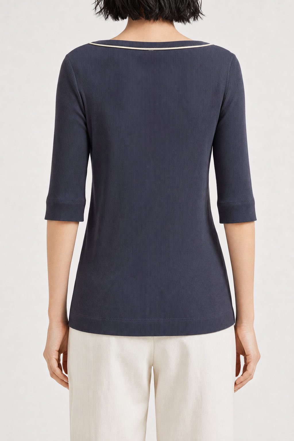 BRUNELLO CUCINELLI WOMEN'S NAVY RIBBED V NECK SHIRT