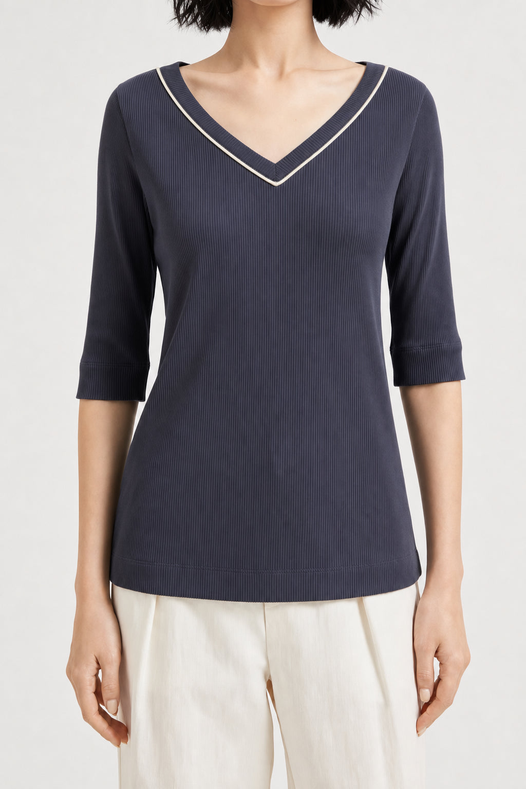 BRUNELLO CUCINELLI WOMEN'S NAVY RIBBED V NECK SHIRT