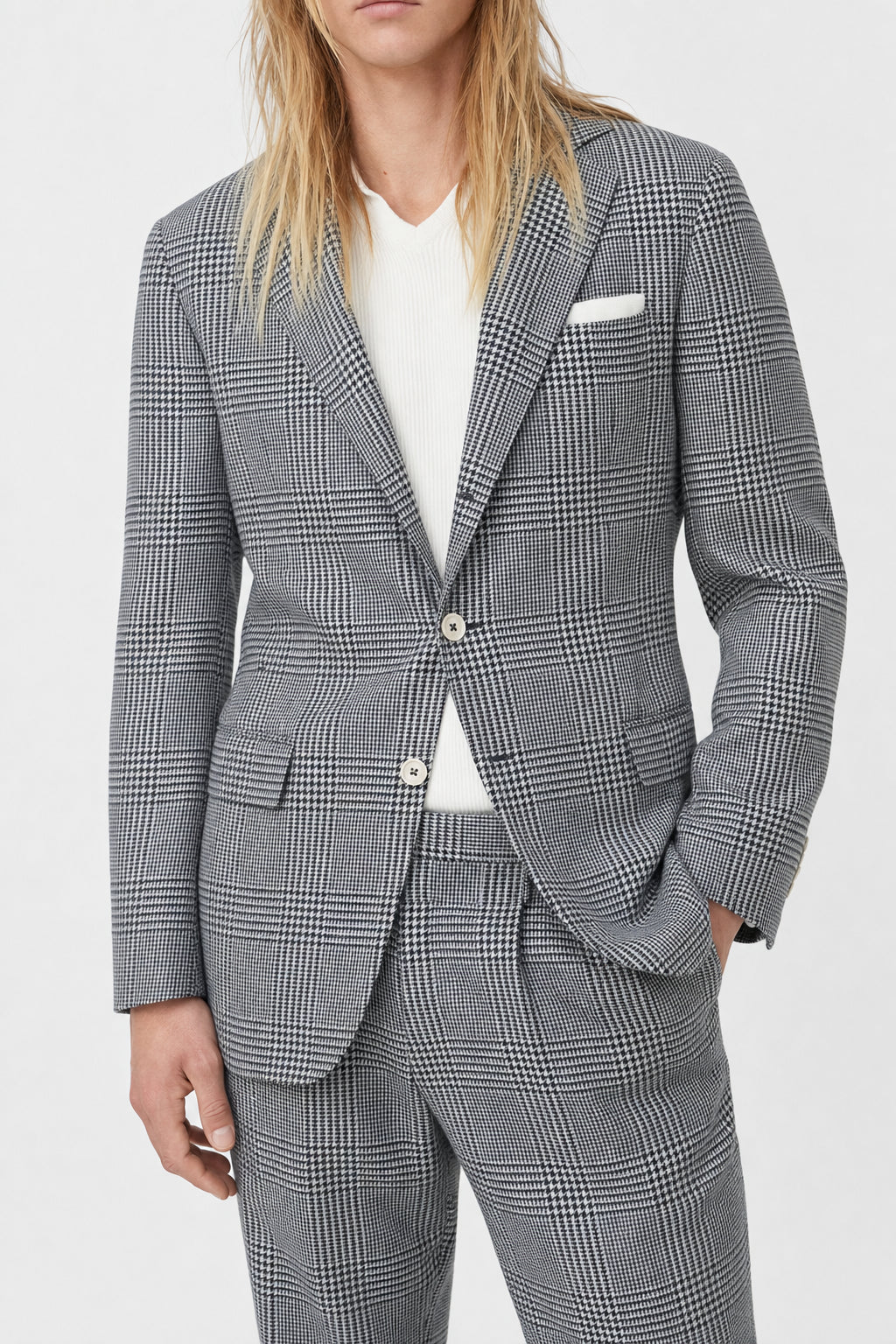 BRUNELLO CUCINELLI MEN'S BLACK WOOL SILK CHECKED BLAZER
