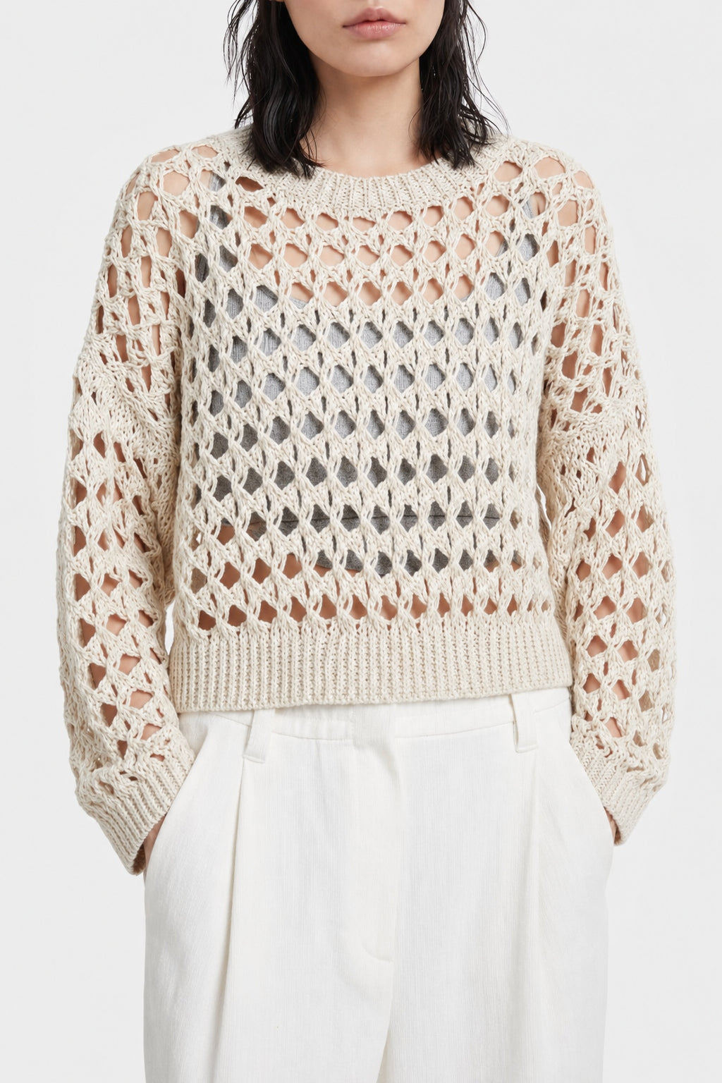 BRUNELLO CUCINELLI WOMEN'S BEIGE OPENWORK KNIT SWEATER