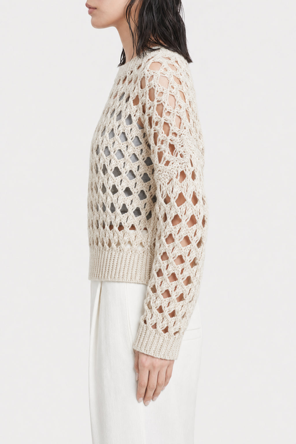 BRUNELLO CUCINELLI WOMEN'S BEIGE OPENWORK KNIT SWEATER