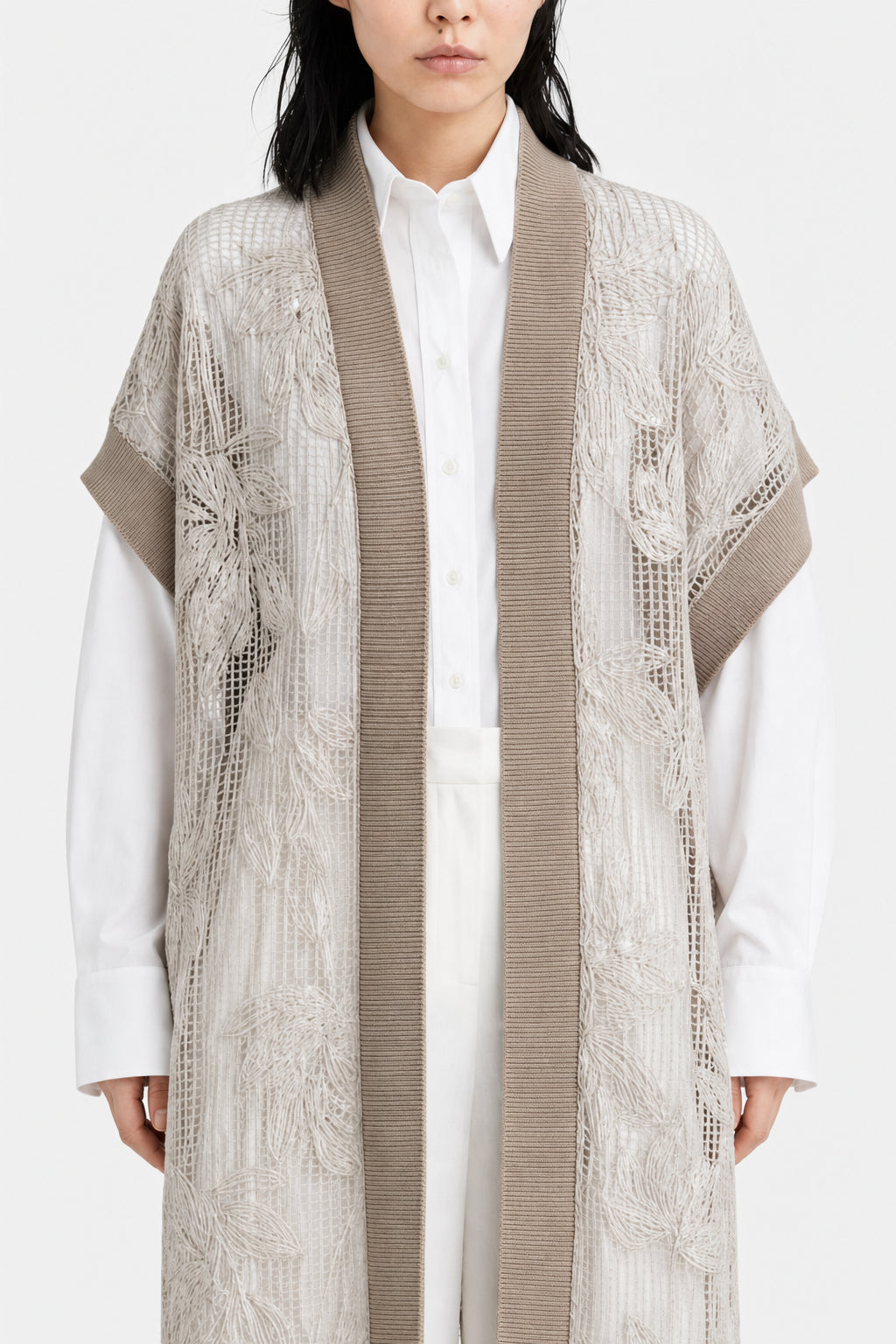 BRUNELLO CUCINELLI WOMEN'S BEIGE LONG OPENWORK SWEATER