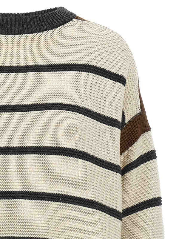 BRUNELLO CUCINELLI WOMEN'S BEIGE STRIPED COTTON SWEATER
