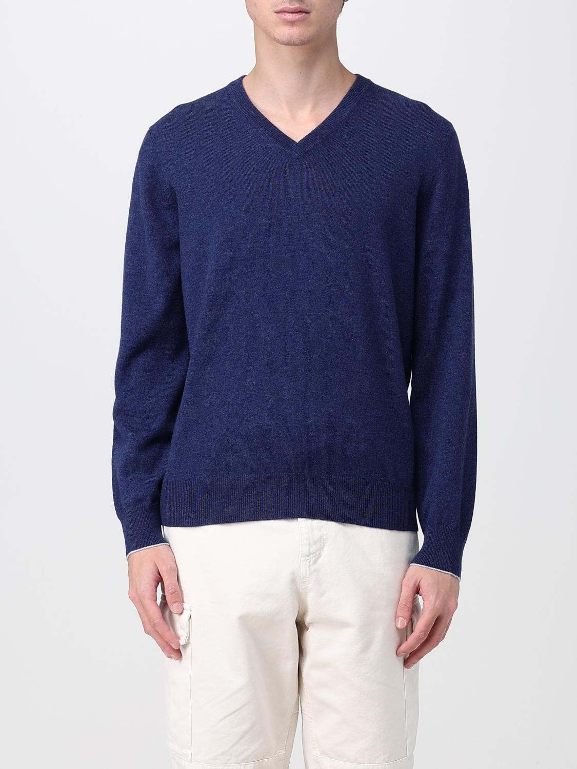 BRUNELLO CUCINELLI MEN'S BLUE WOOL V NECK SWEATER