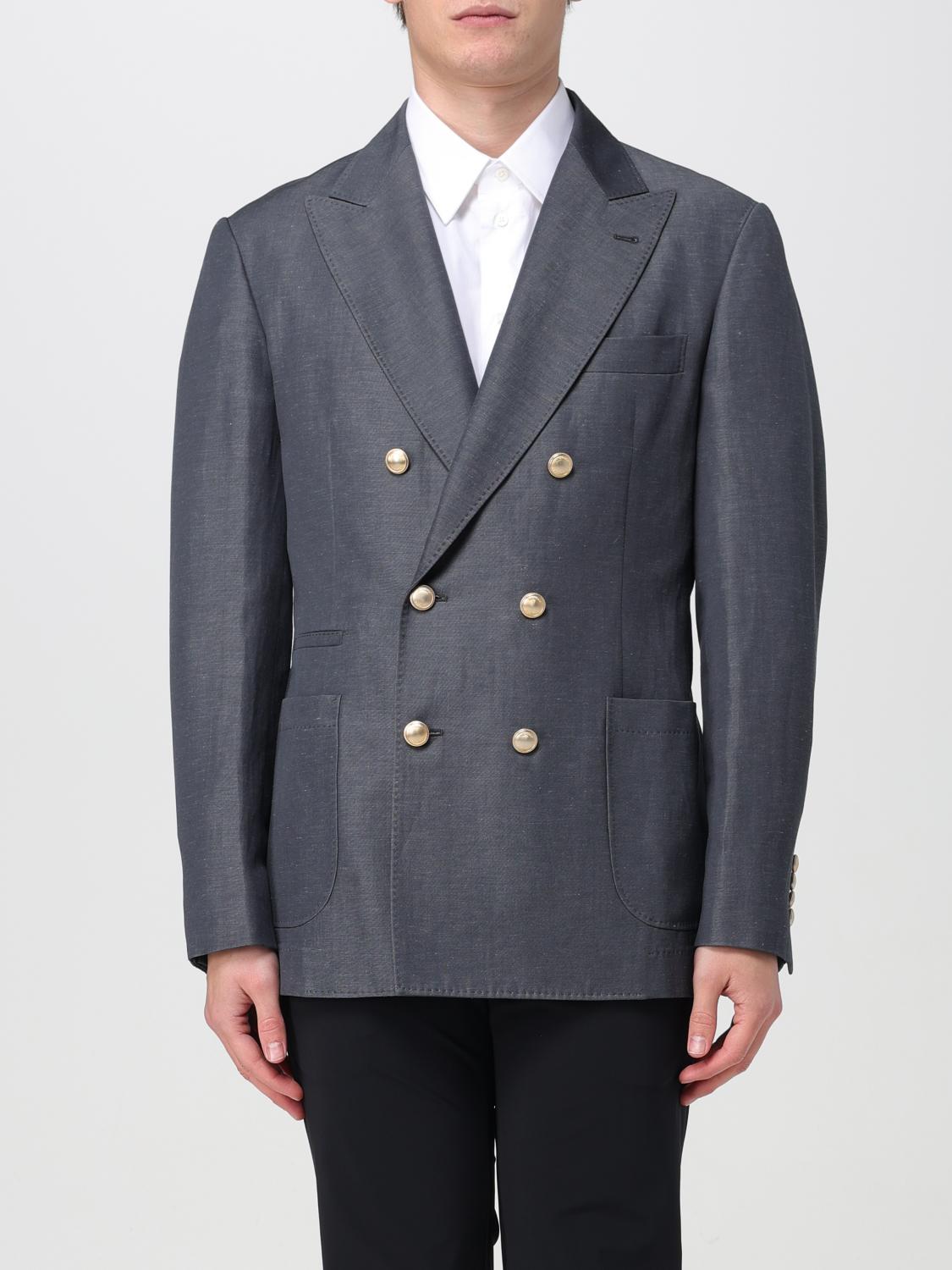 BRUNELLO CUCINELLI MEN'S GREY WOOL LINEN DOUBLE BREASTED JACKET