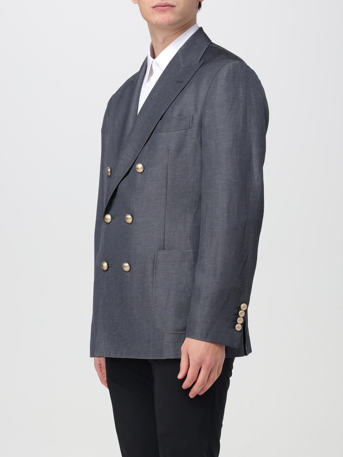 BRUNELLO CUCINELLI MEN'S GREY WOOL LINEN DOUBLE BREASTED JACKET