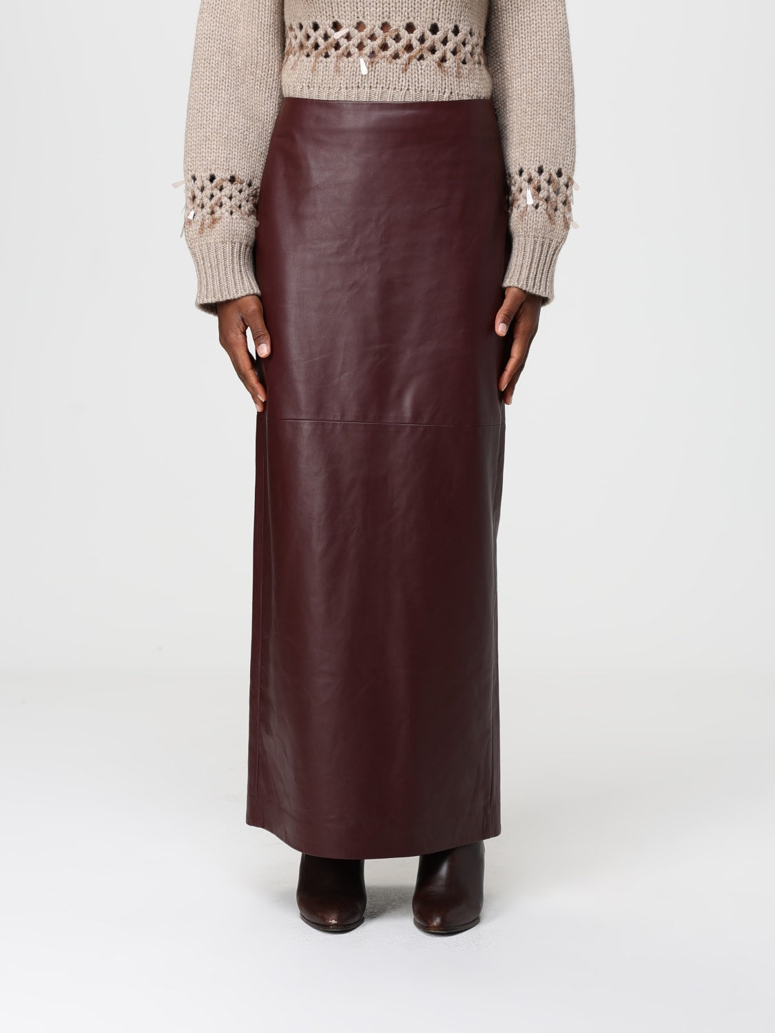 BRUNELLO CUCINELLI WOMEN'S DARK BROWN LEATHER SKIRT