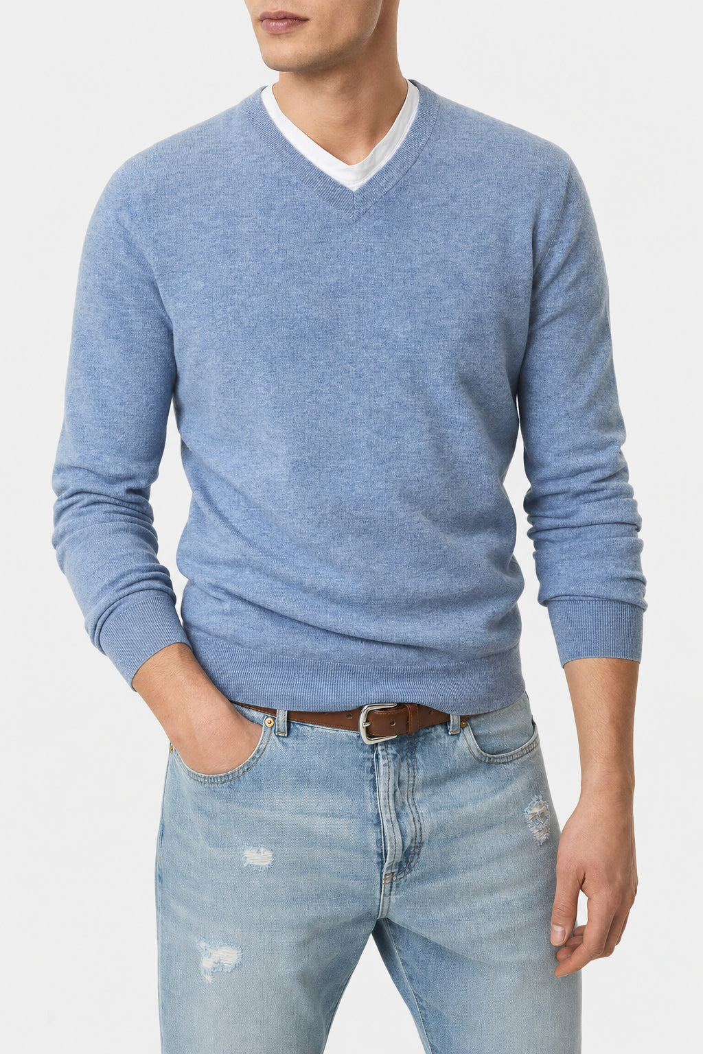 BRUNELLO CUCINELLI MEN'S LIGHT BLUE WOOL SWEATER