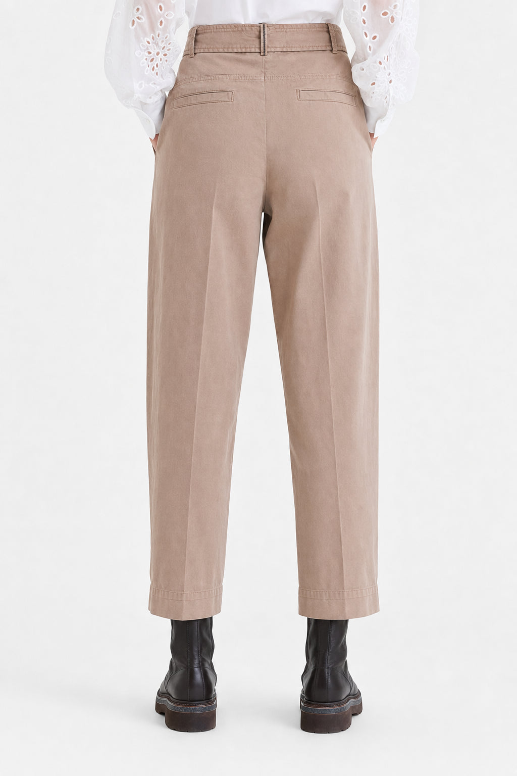 BRUNELLO CUCINELLI WOMEN'S BEIGE COTTON BELTED TROUSERS