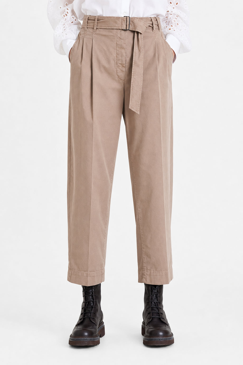 BRUNELLO CUCINELLI WOMEN'S BEIGE COTTON BELTED TROUSERS