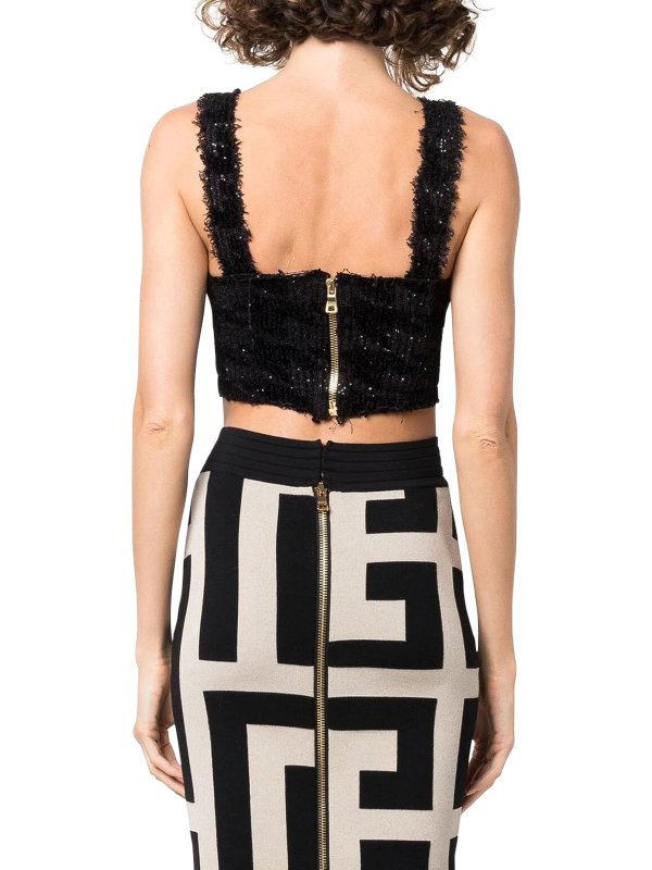 BALMAIN WOMEN'S BLACK GLITTER CROP TOP