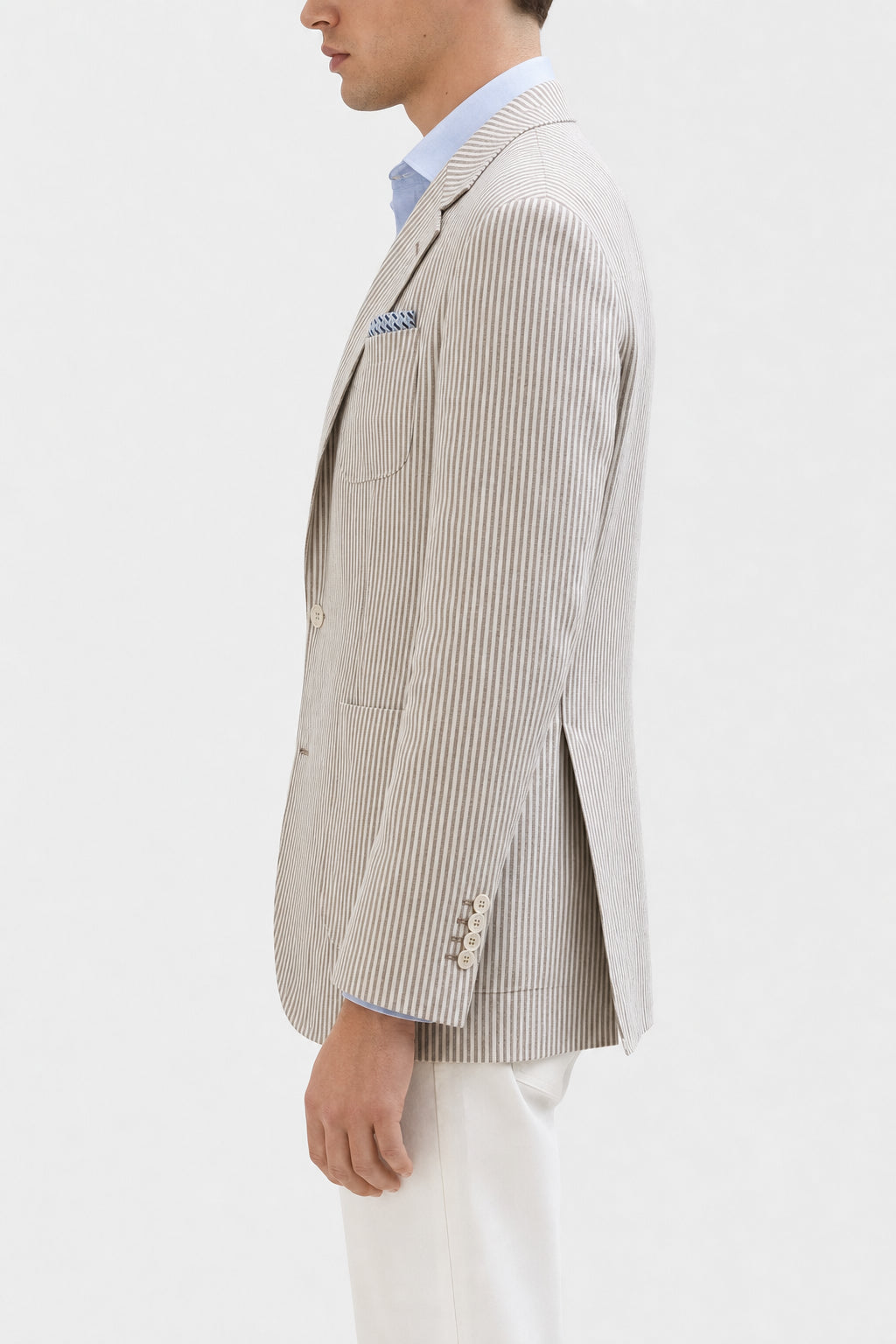 BRUNELLO CUCINELLI MEN'S BEIGE LINEN WOOL STRIPED BLAZER