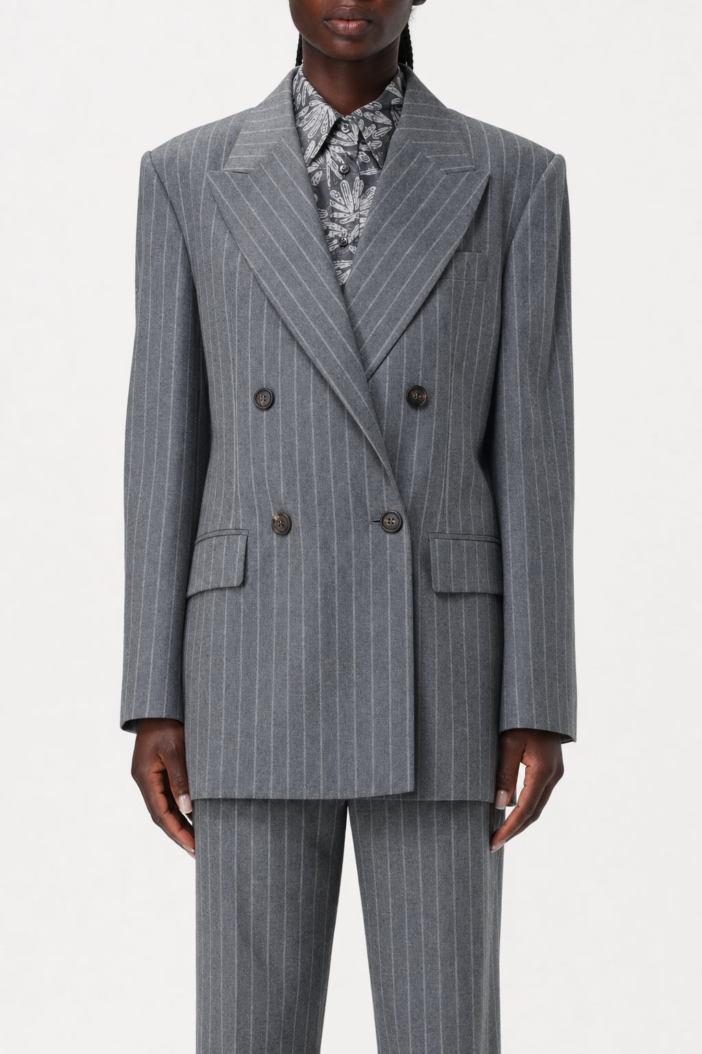 BRUNELLO CUCINELLI WOMEN'S GREY PINSTRIPE DOUBLE BREASTED JACKET